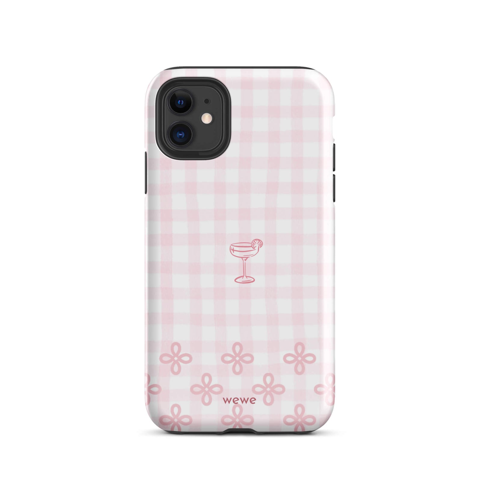 Custom iPhone case 11 with pink and white gingham checkered pattern, cocktail glass illustration, and ribbon designs.