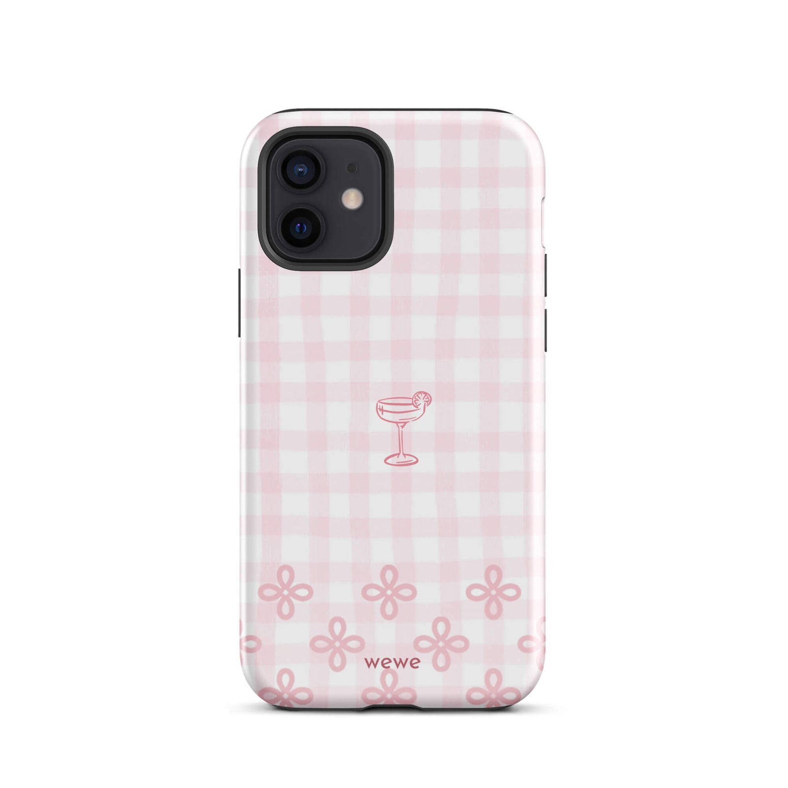 Custom iPhone case 12 with pink and white gingham checkered pattern, cocktail glass illustration, and ribbon designs.
