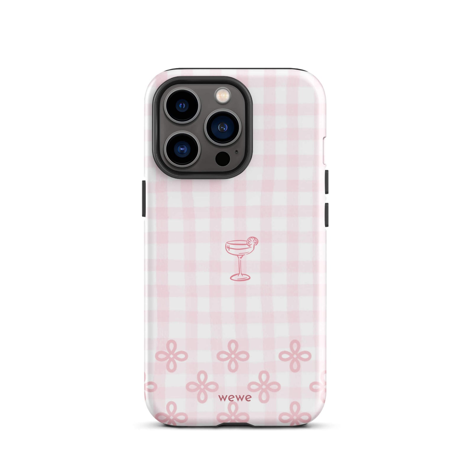 Custom iPhone case 13 pro with pink and white gingham checkered pattern, cocktail glass illustration, and ribbon designs.