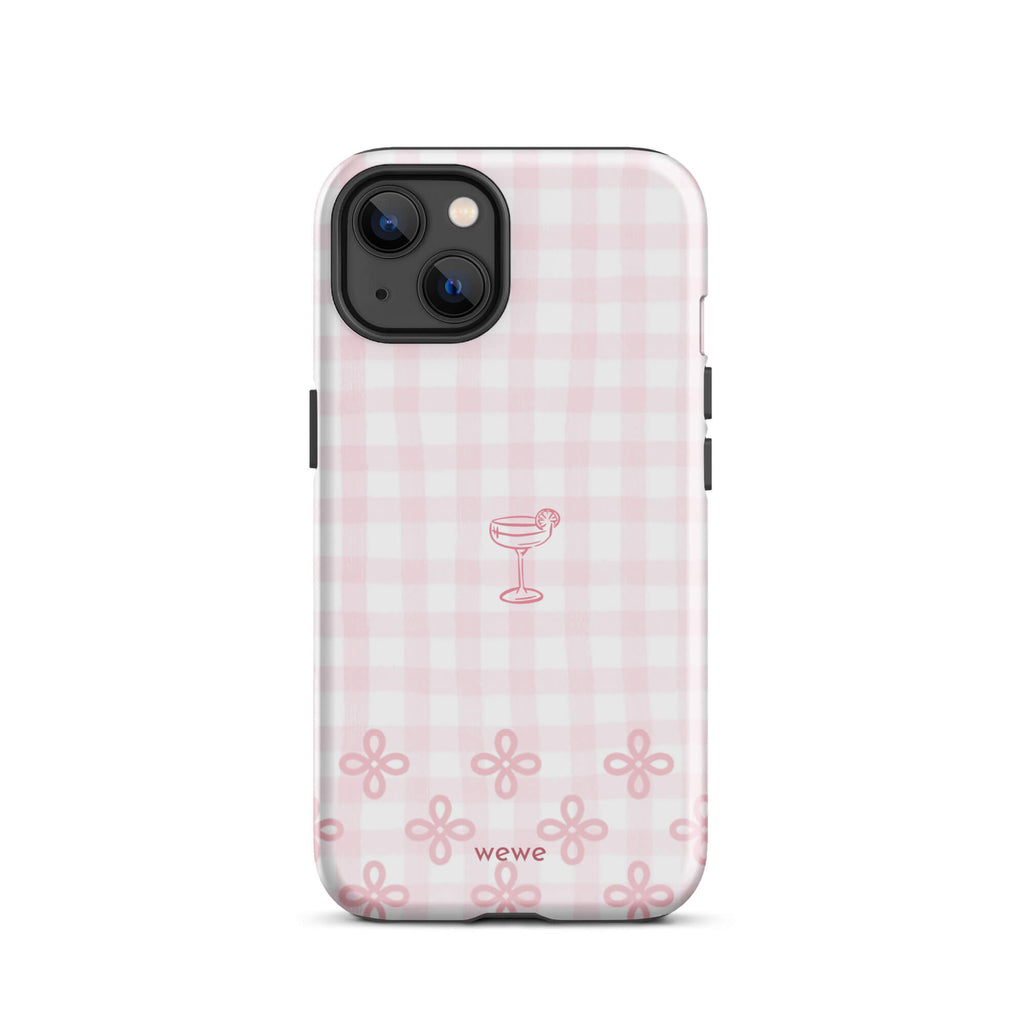 Custom iPhone case 13 with pink and white gingham checkered pattern, cocktail glass illustration, and ribbon designs.