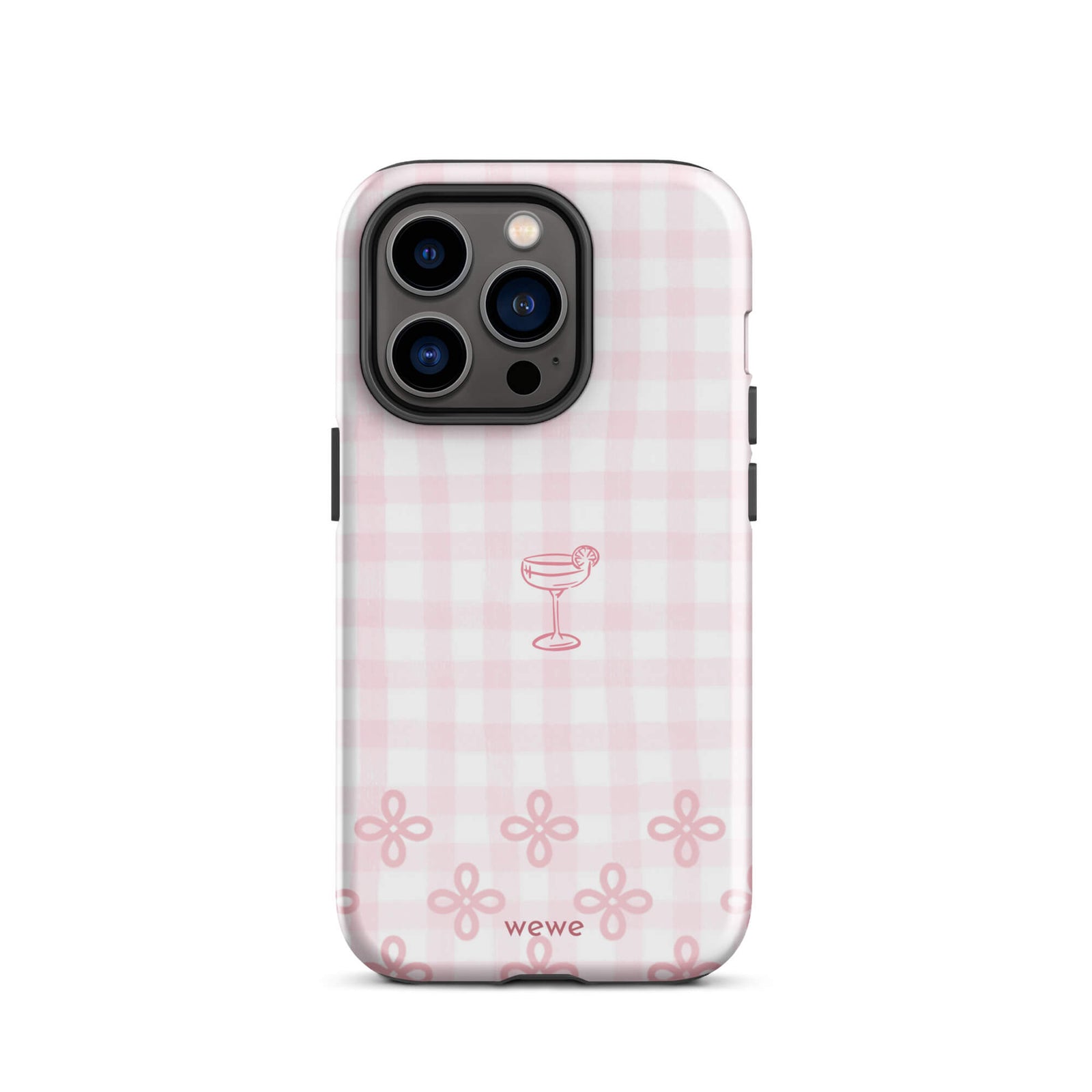 Custom iPhone case 14 pro with pink and white gingham checkered pattern, cocktail glass illustration, and ribbon designs.
