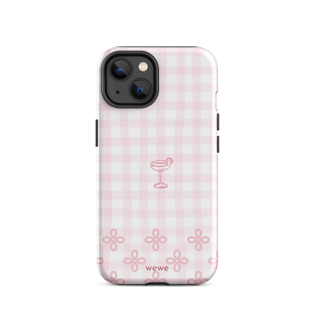 Custom iPhone case 14 with pink and white gingham checkered pattern, cocktail glass illustration, and ribbon designs.