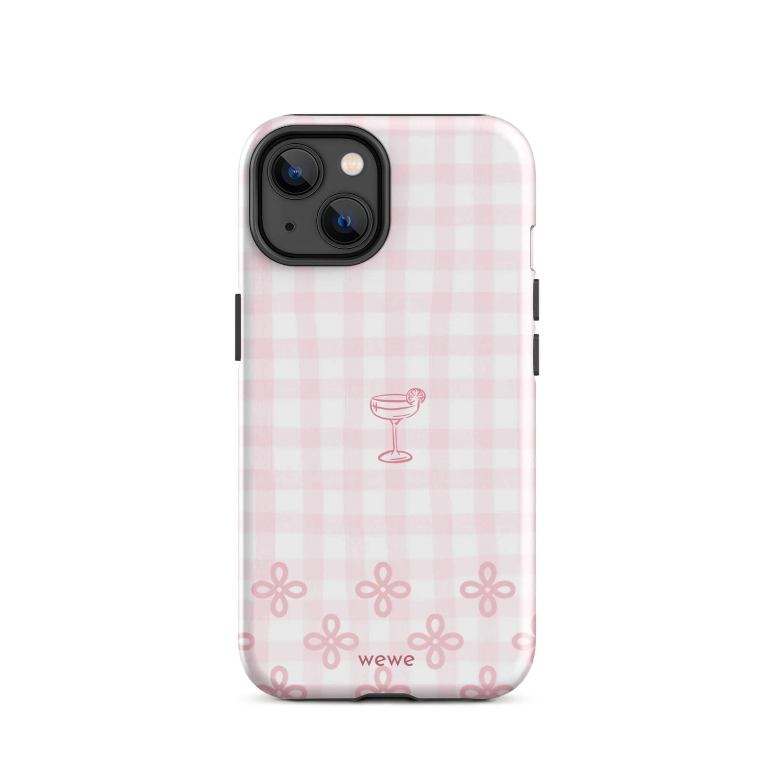 Custom iPhone case 14 with pink and white gingham checkered pattern, cocktail glass illustration, and ribbon designs.