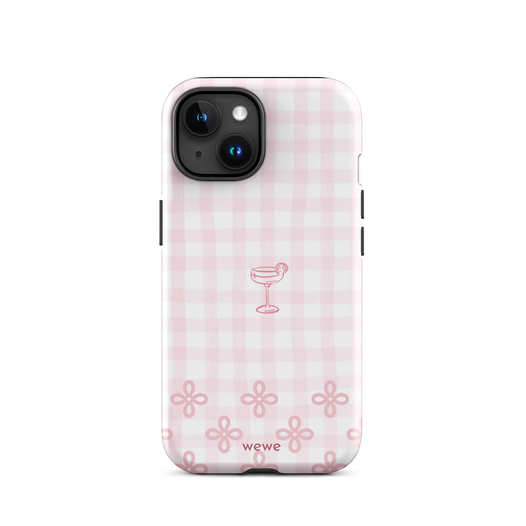 Custom iPhone case 15 with pink and white gingham checkered pattern, cocktail glass illustration, and ribbon designs.