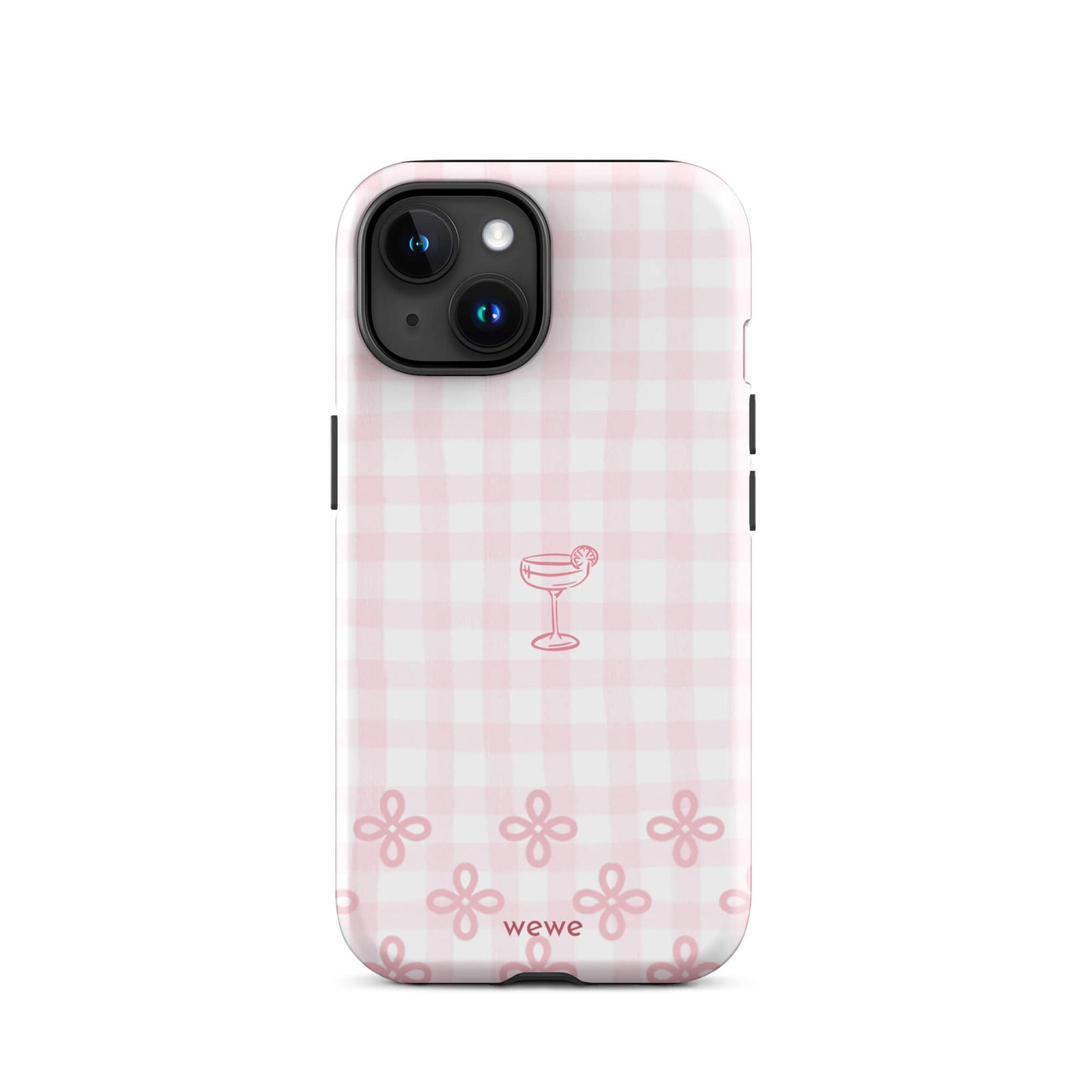 Custom iPhone case 15 with pink and white gingham checkered pattern, cocktail glass illustration, and ribbon designs.