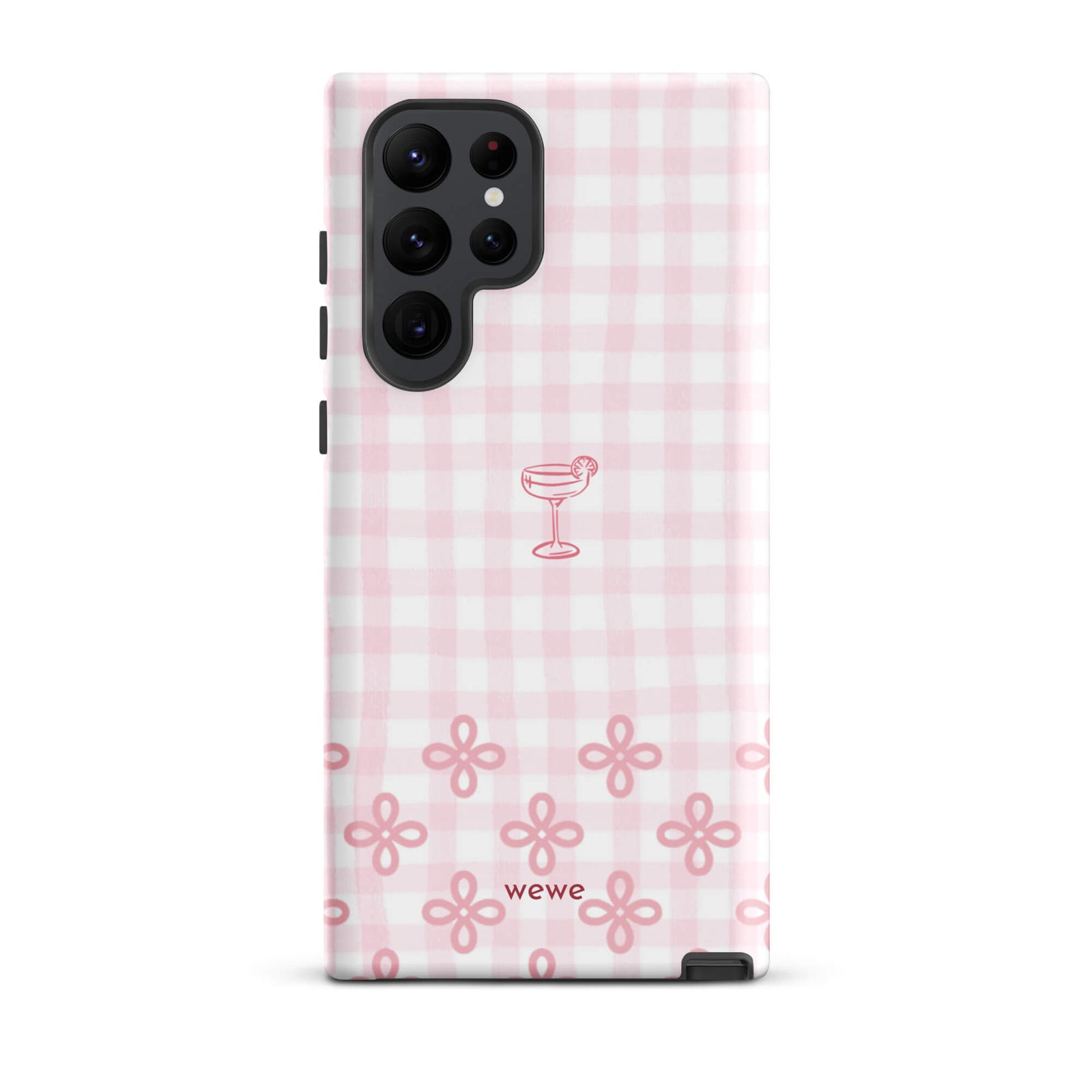Custom samsung galaxy s22 ultra  Phone case with pink and white gingham checkered pattern, cocktail glass illustration, and ribbon designs.