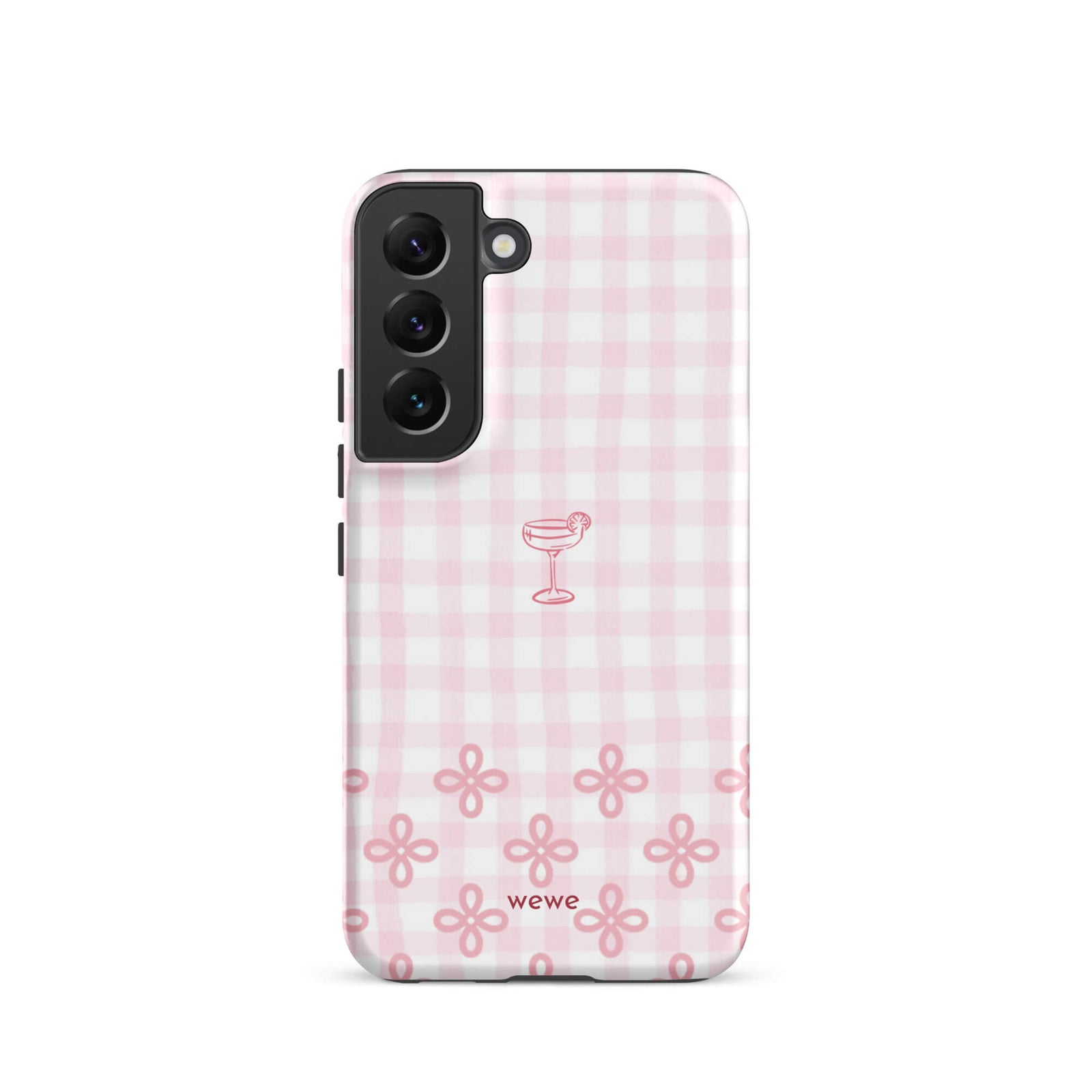 Custom samsung galaxy s22  Phone case with pink and white gingham checkered pattern, cocktail glass illustration, and ribbon designs.