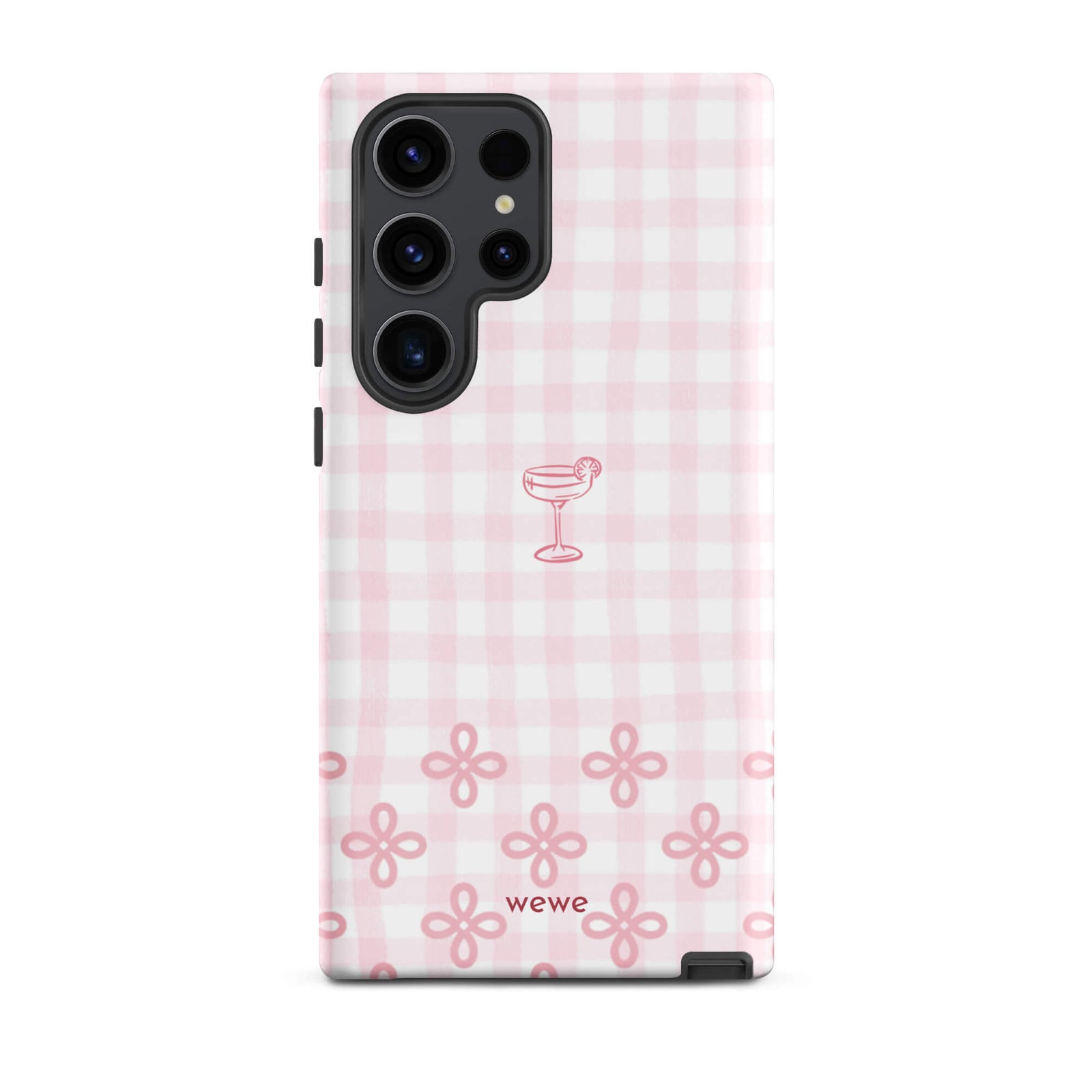 Custom samsung galaxy s23 ultra  Phone case with pink and white gingham checkered pattern, cocktail glass illustration, and ribbon designs.