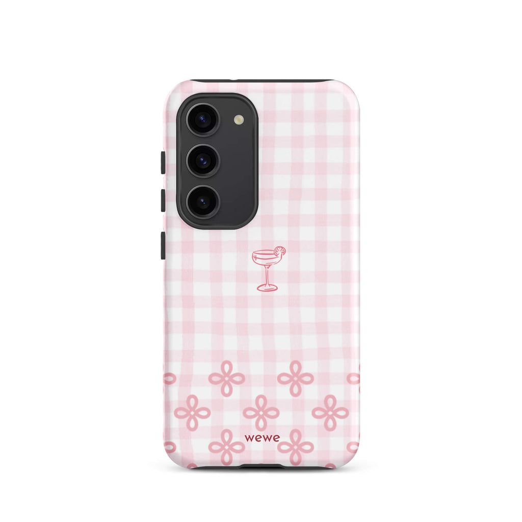 Custom samsung galaxy s23  Phone case with pink and white gingham checkered pattern, cocktail glass illustration, and ribbon designs.