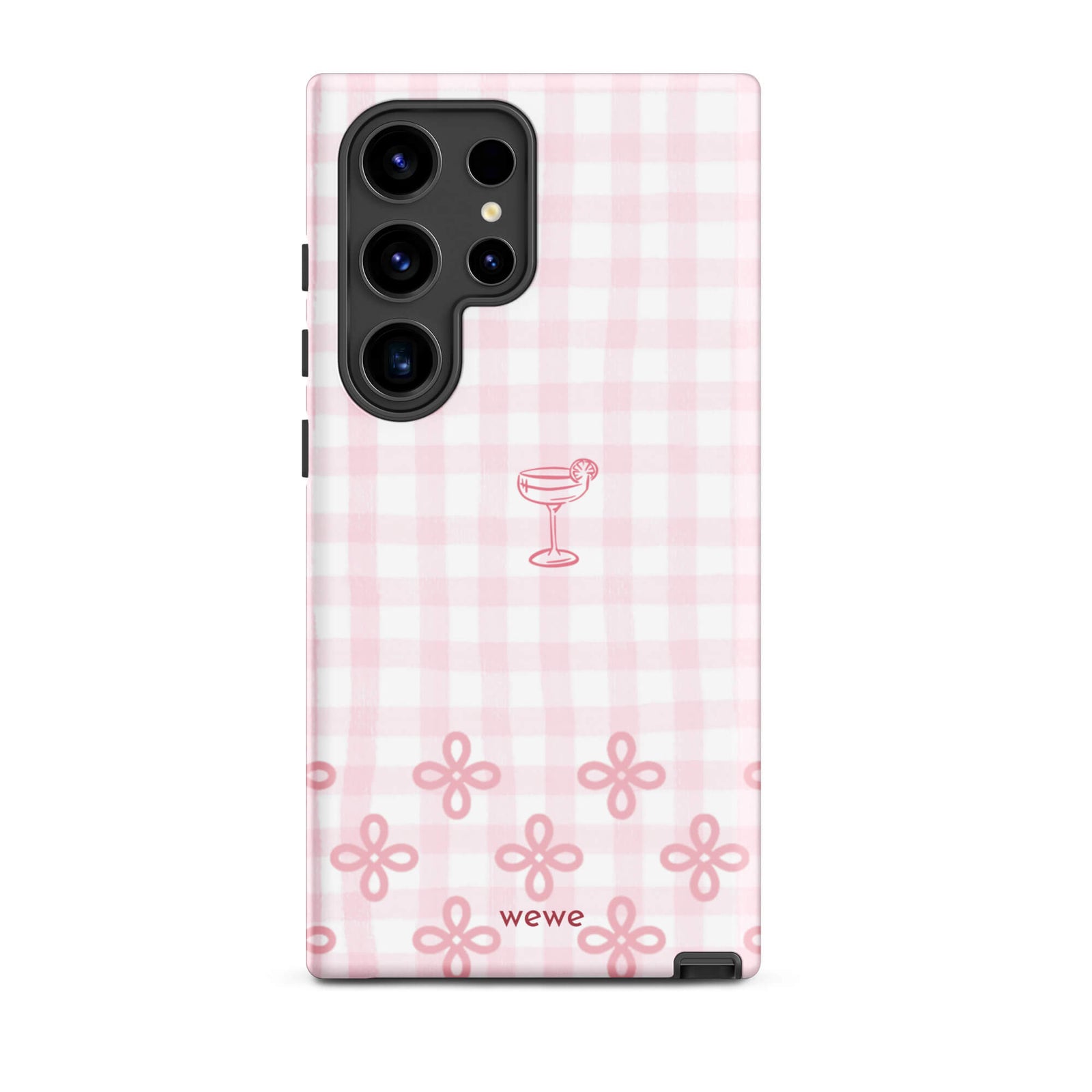 Custom samsung galaxy s24 ultra  Phone case with pink and white gingham checkered pattern, cocktail glass illustration, and ribbon designs.