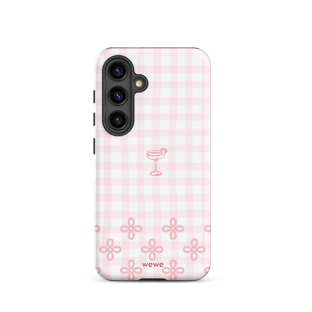 Custom samsung galaxy s24  Phone case with pink and white gingham checkered pattern, cocktail glass illustration, and ribbon designs.