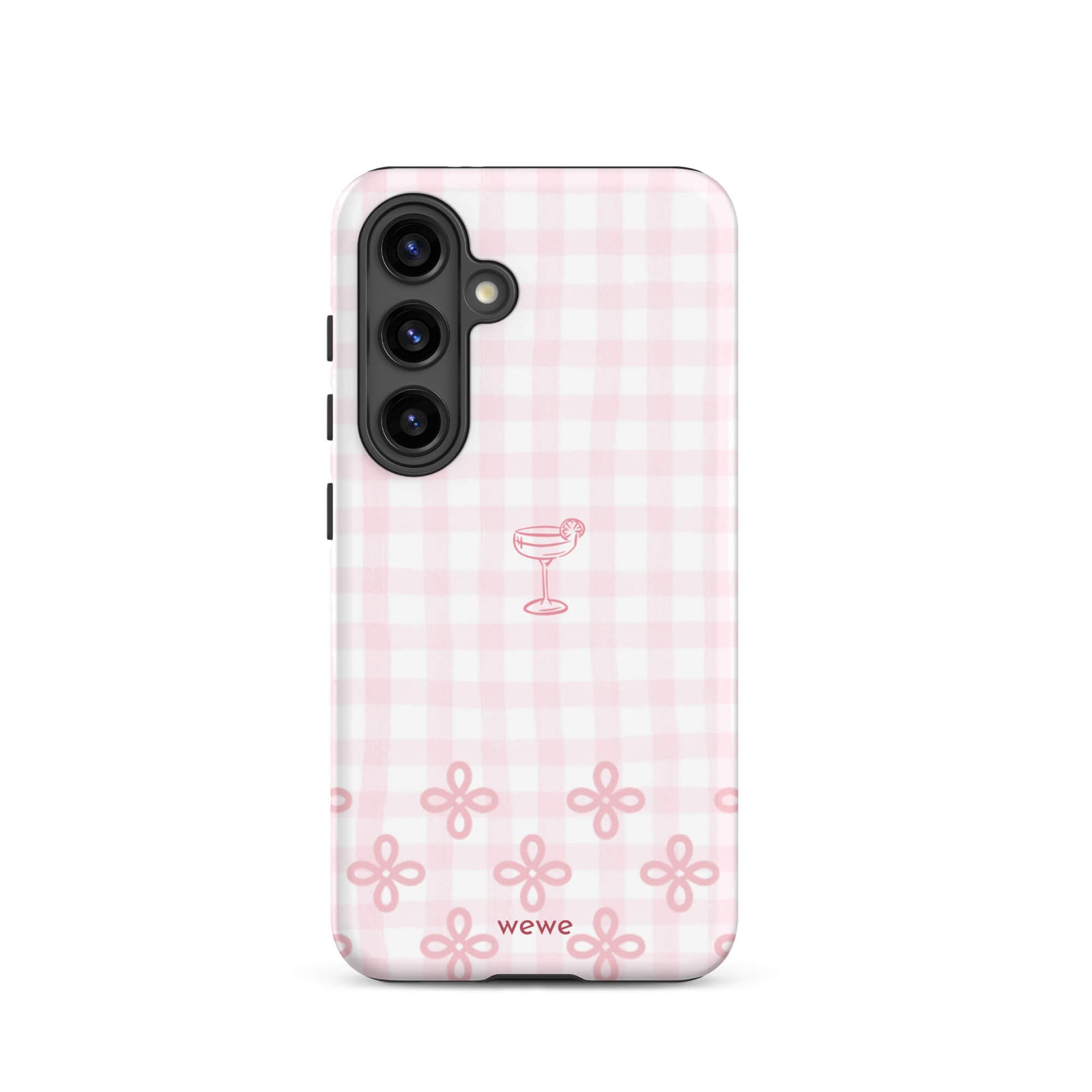 Custom samsung galaxy s24  Phone case with pink and white gingham checkered pattern, cocktail glass illustration, and ribbon designs.