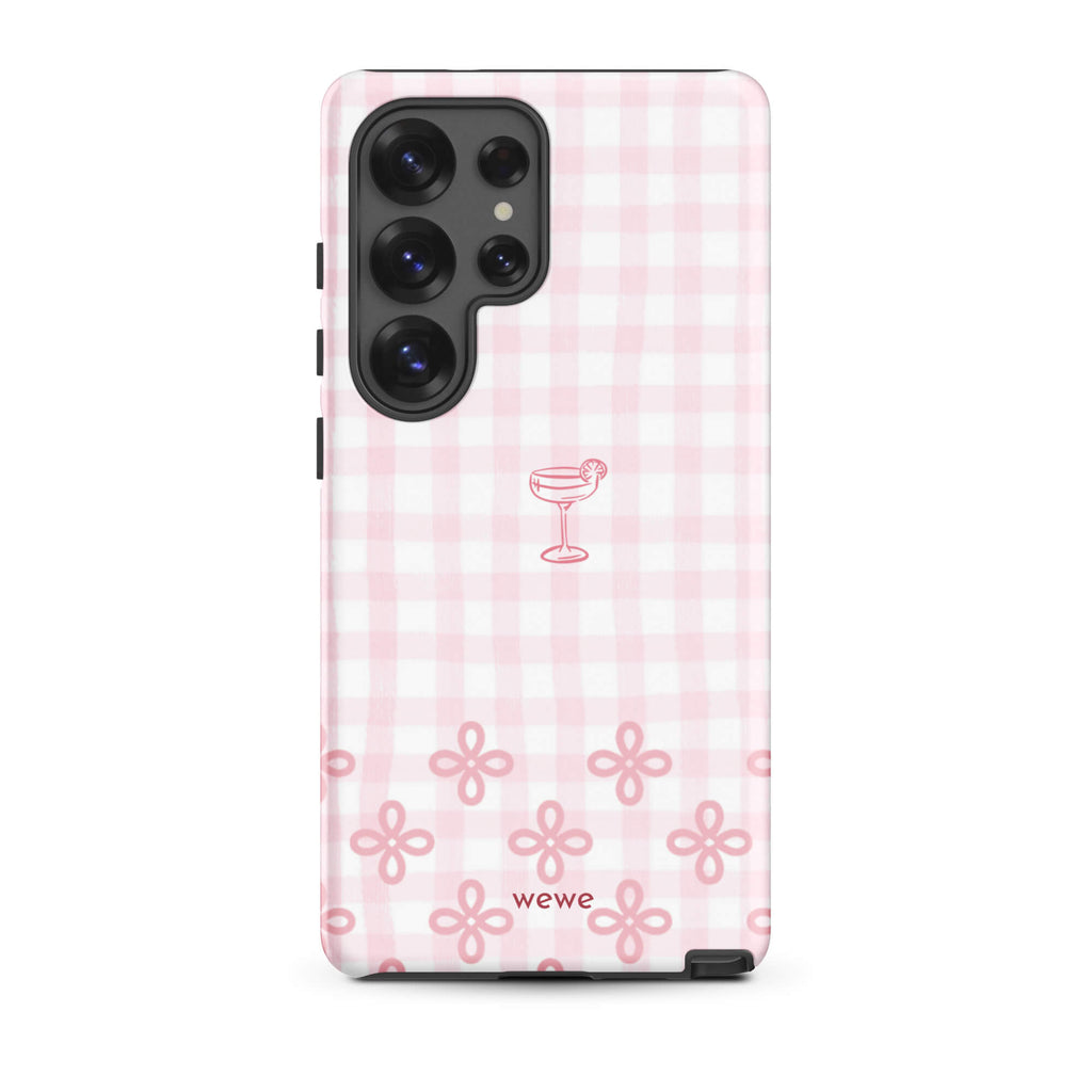 Custom samsung galaxy s25 ultra  Phone case with pink and white gingham checkered pattern, cocktail glass illustration, and ribbon designs.