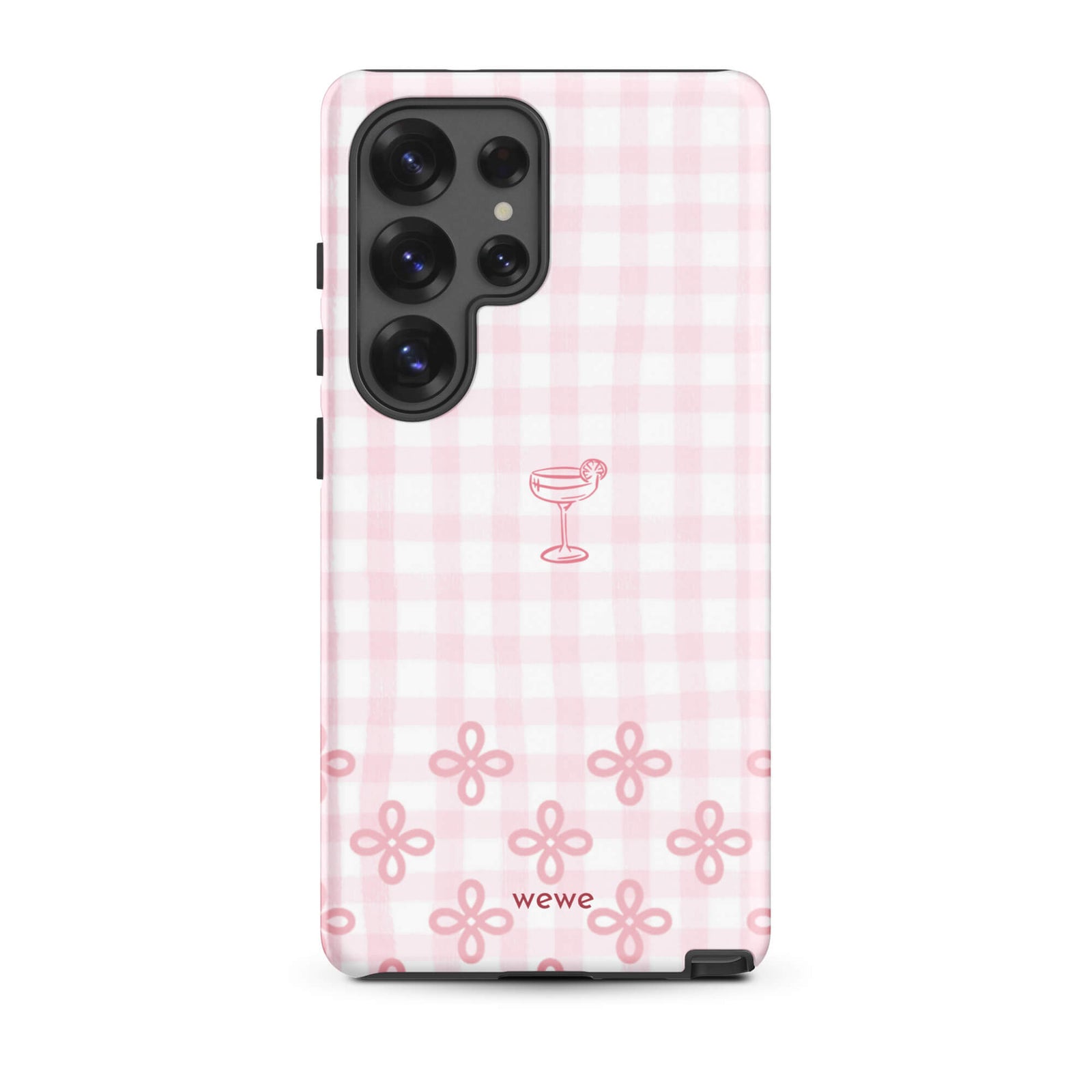 Custom samsung galaxy s25 ultra  Phone case with pink and white gingham checkered pattern, cocktail glass illustration, and ribbon designs.