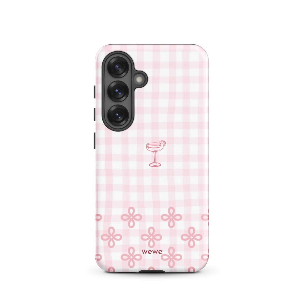 Custom samsung galaxy s25 Phone case with pink and white gingham checkered pattern, cocktail glass illustration, and ribbon designs.