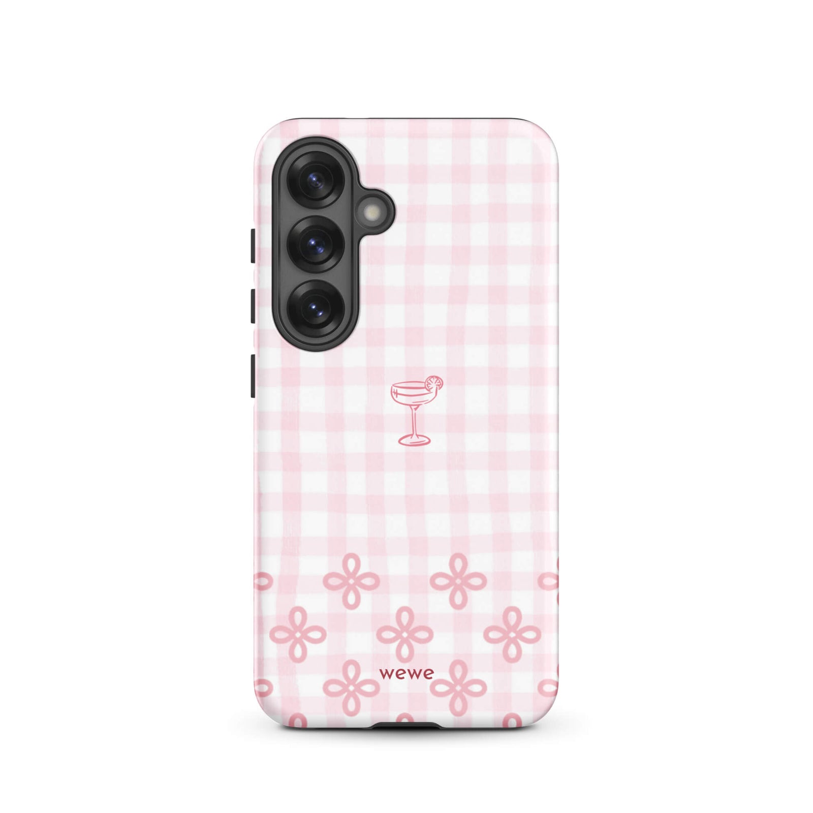Custom samsung galaxy s25 Phone case with pink and white gingham checkered pattern, cocktail glass illustration, and ribbon designs.