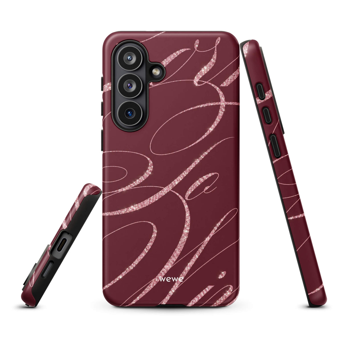 Deep burgundy iPhone case with flowing pink glitter-effect lines and looping abstract swirls