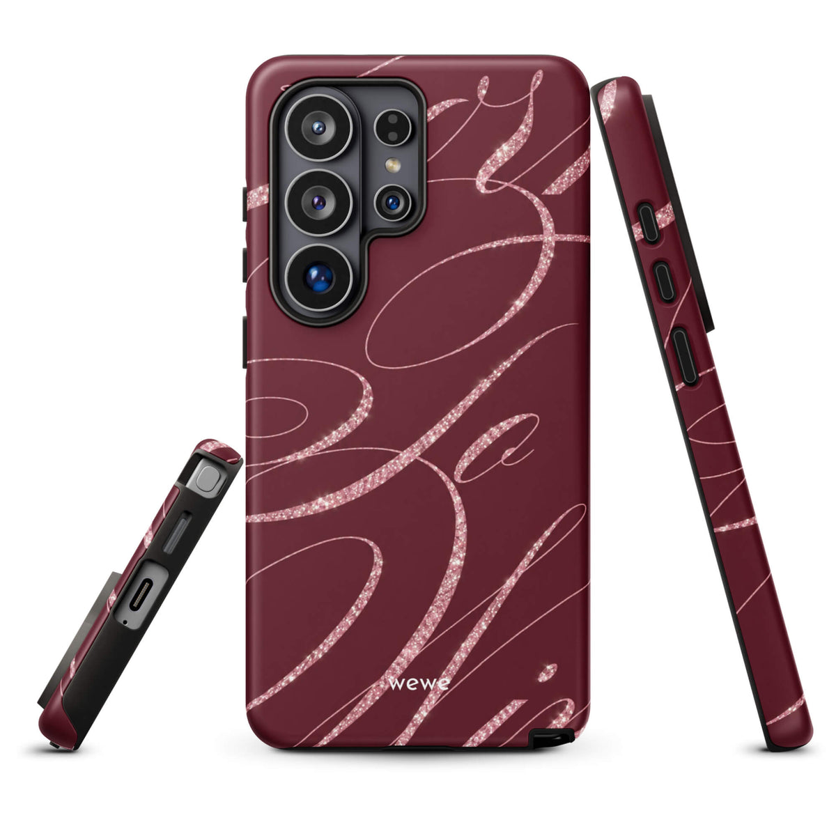 Deep burgundy iPhone case with flowing pink glitter-effect lines and looping abstract swirls