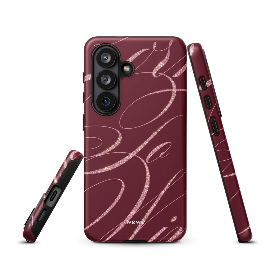 Deep burgundy iPhone case with flowing pink glitter-effect lines and looping abstract swirls