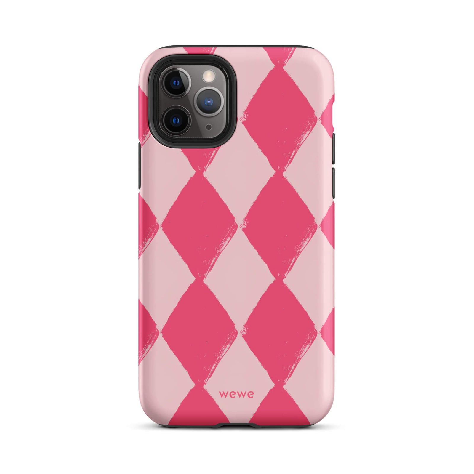 Custom iPhone case 11 pro with a hand-painted checkered pattern of pink and dark pink diamonds.