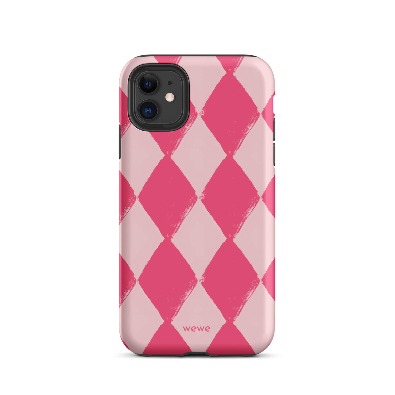Custom iPhone case 11 with a hand-painted checkered pattern of pink and dark pink diamonds.