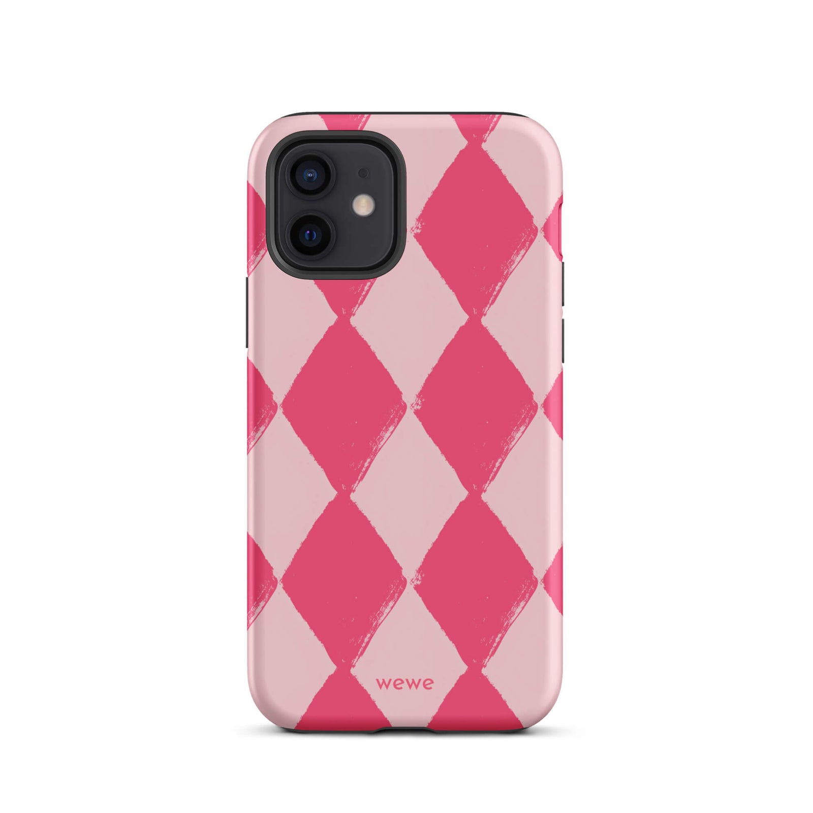Custom iPhone case 12 with a hand-painted checkered pattern of pink and dark pink diamonds.