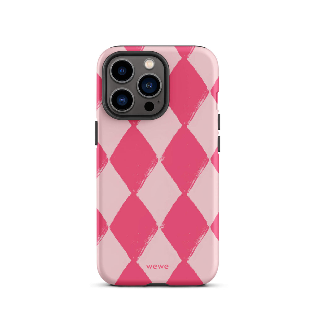 Custom iPhone case 13 pro with a hand-painted checkered pattern of pink and dark pink diamonds.