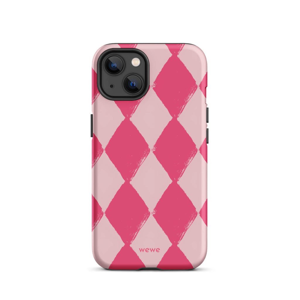 Custom iPhone case 13 with a hand-painted checkered pattern of pink and dark pink diamonds.