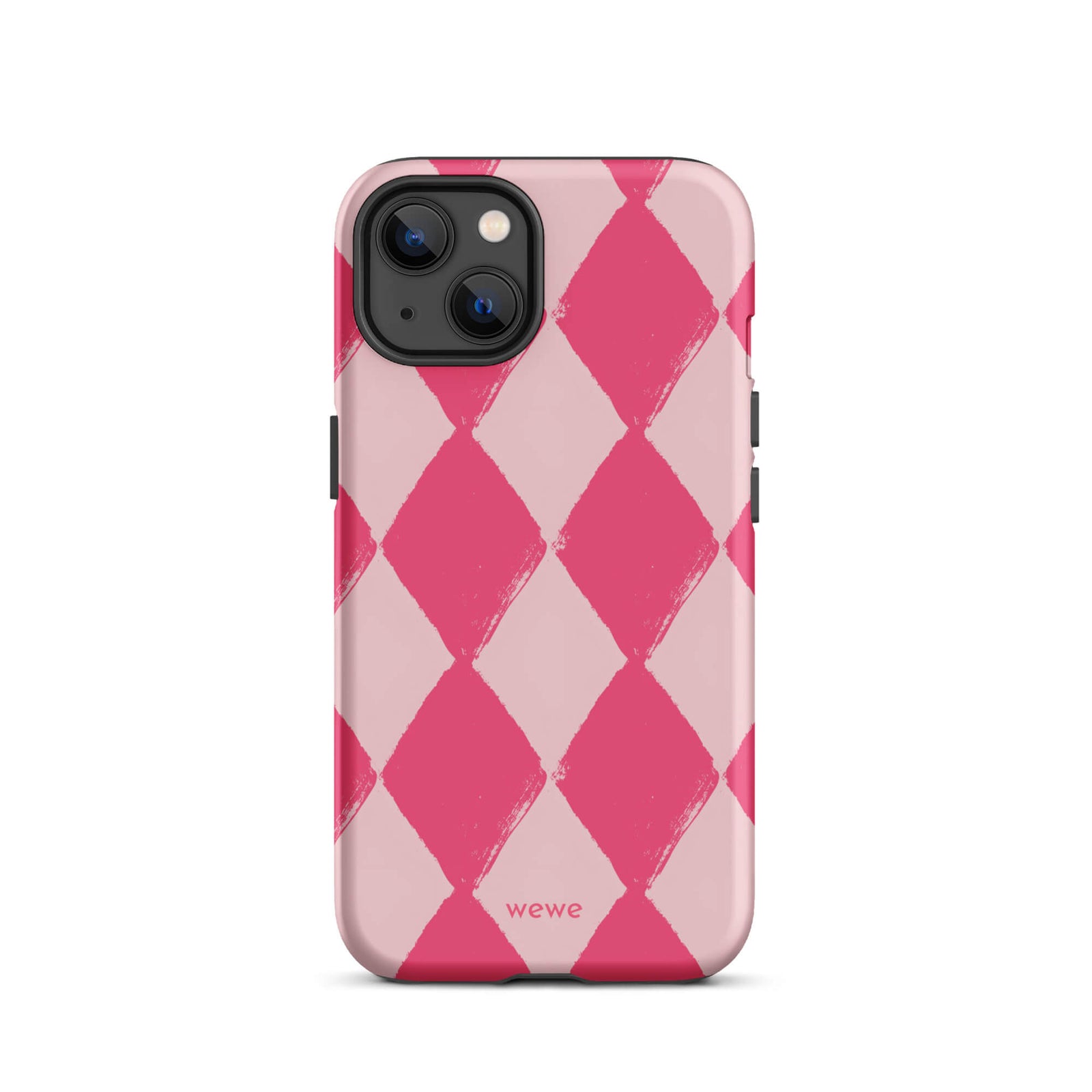 Custom iPhone case 13 with a hand-painted checkered pattern of pink and dark pink diamonds.
