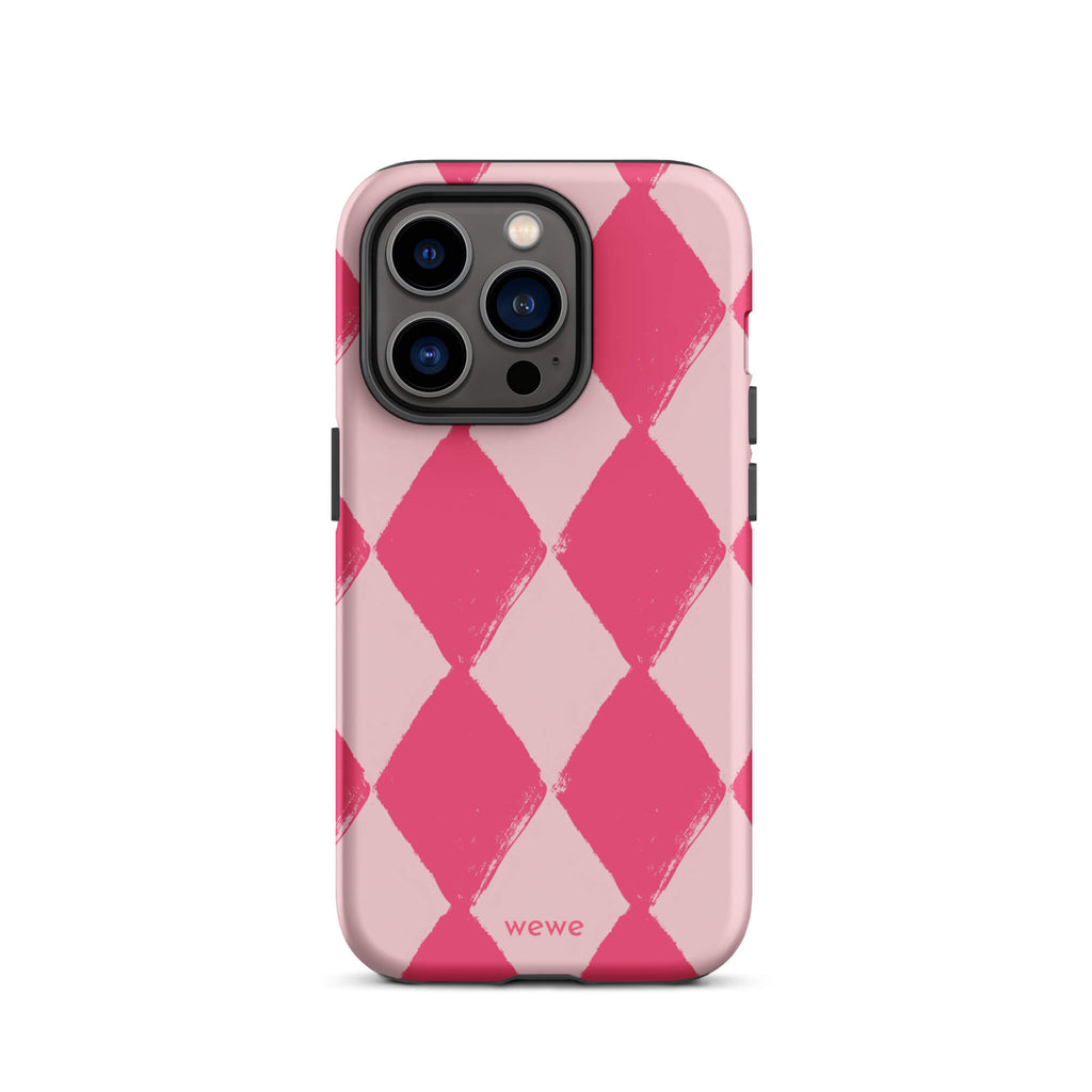Custom iPhone case 14 pro with a hand-painted checkered pattern of pink and dark pink diamonds.