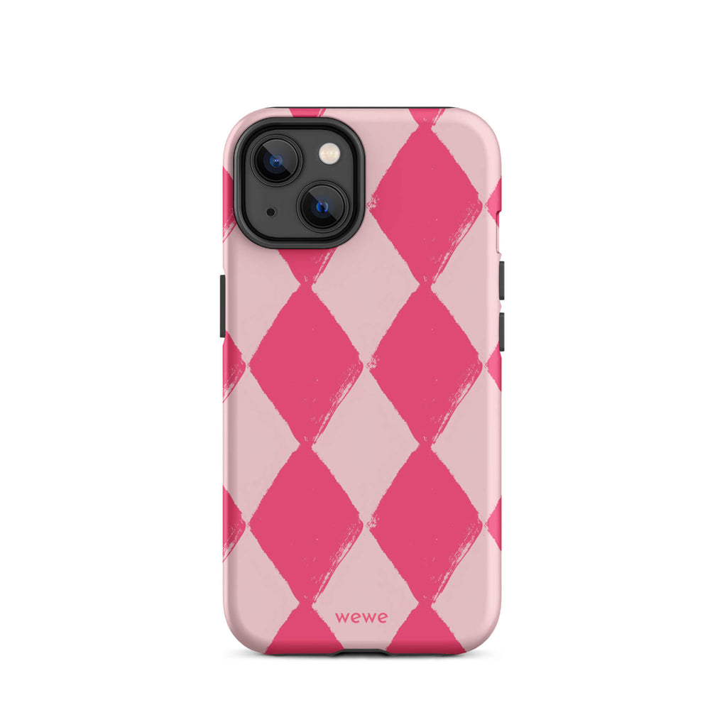 Custom iPhone case 14 with a hand-painted checkered pattern of pink and dark pink diamonds.