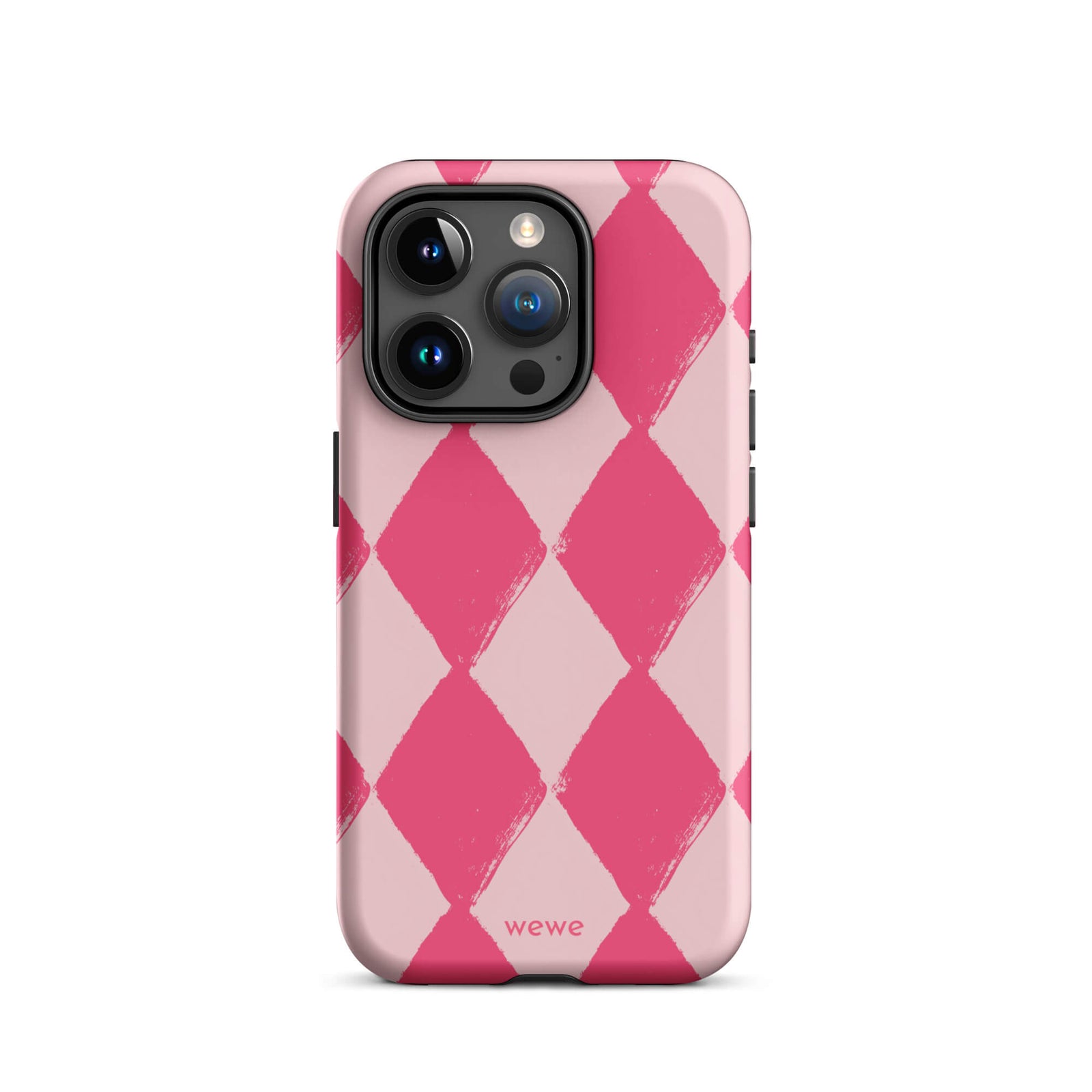 Custom iPhone case 15 pro with a hand-painted checkered pattern of pink and dark pink diamonds.