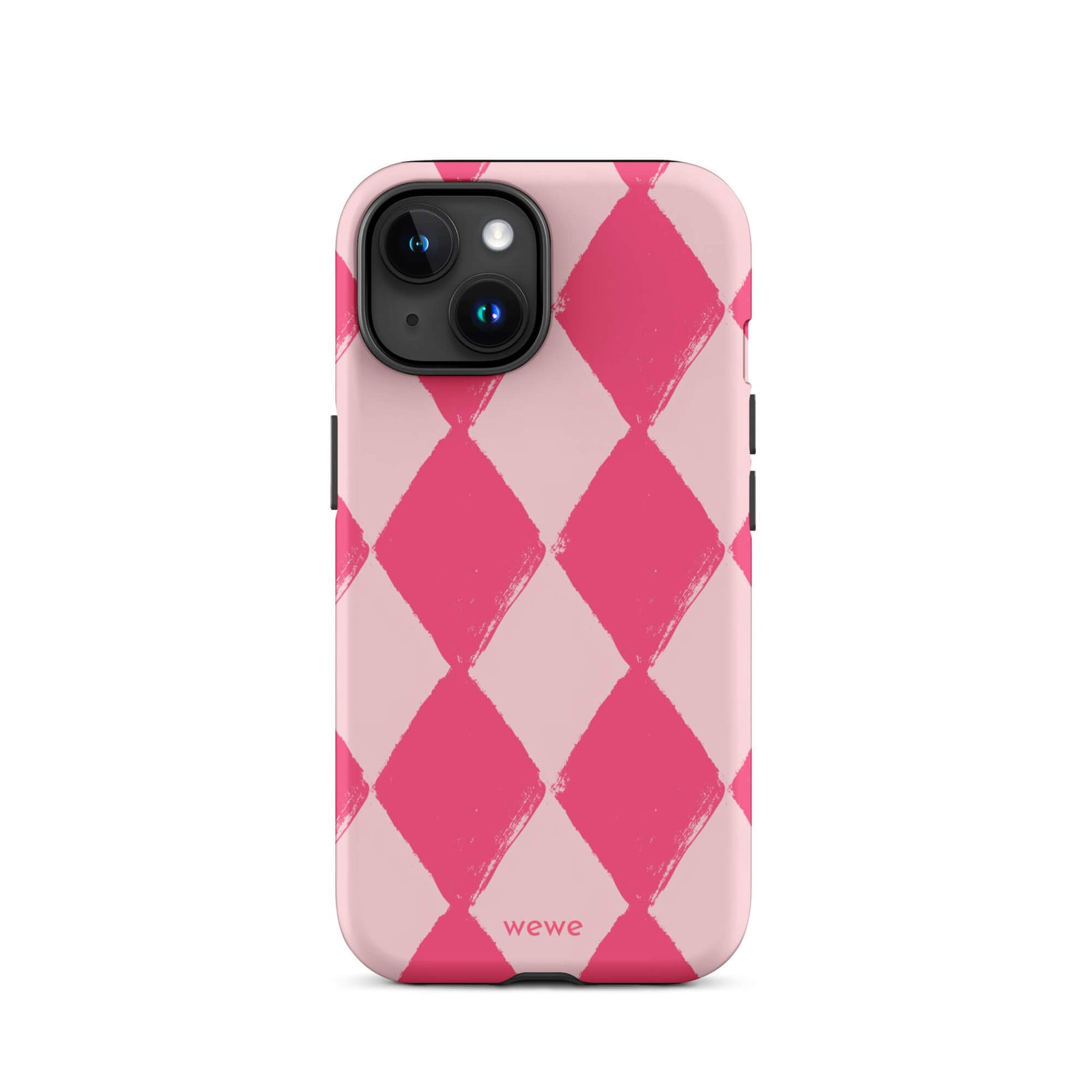 Custom iPhone case 15 with a hand-painted checkered pattern of pink and dark pink diamonds.