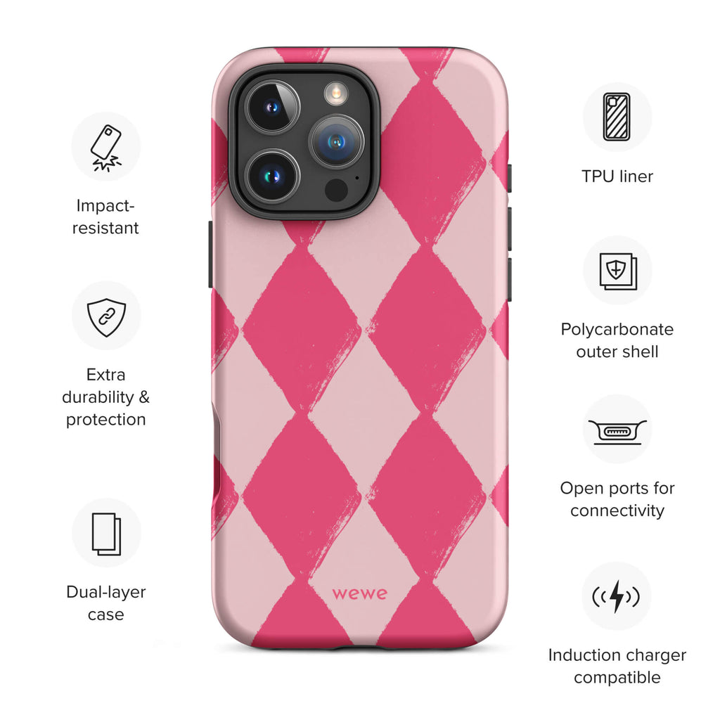 Custom pink white checkered iphone case 16 pro max wireless charging compatible.