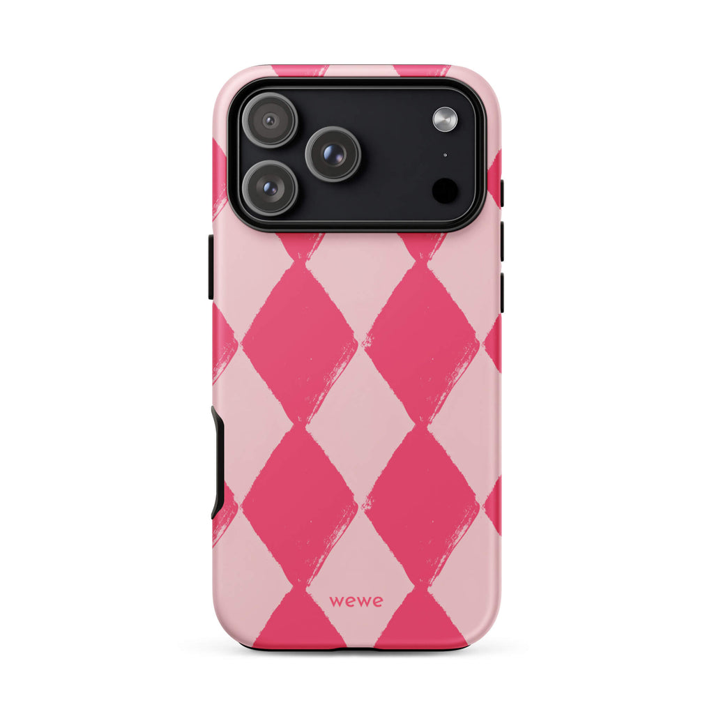 Custom pink white checkered iphone case 17 pro max retro aesthetic.