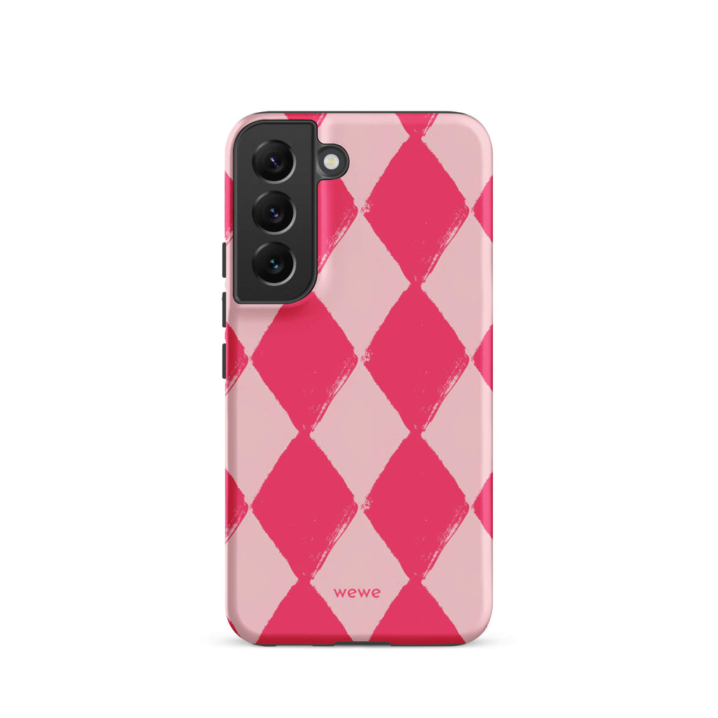 Custom samsung galaxy s22 Phone case with a hand-painted checkered pattern of pink and dark pink diamonds.