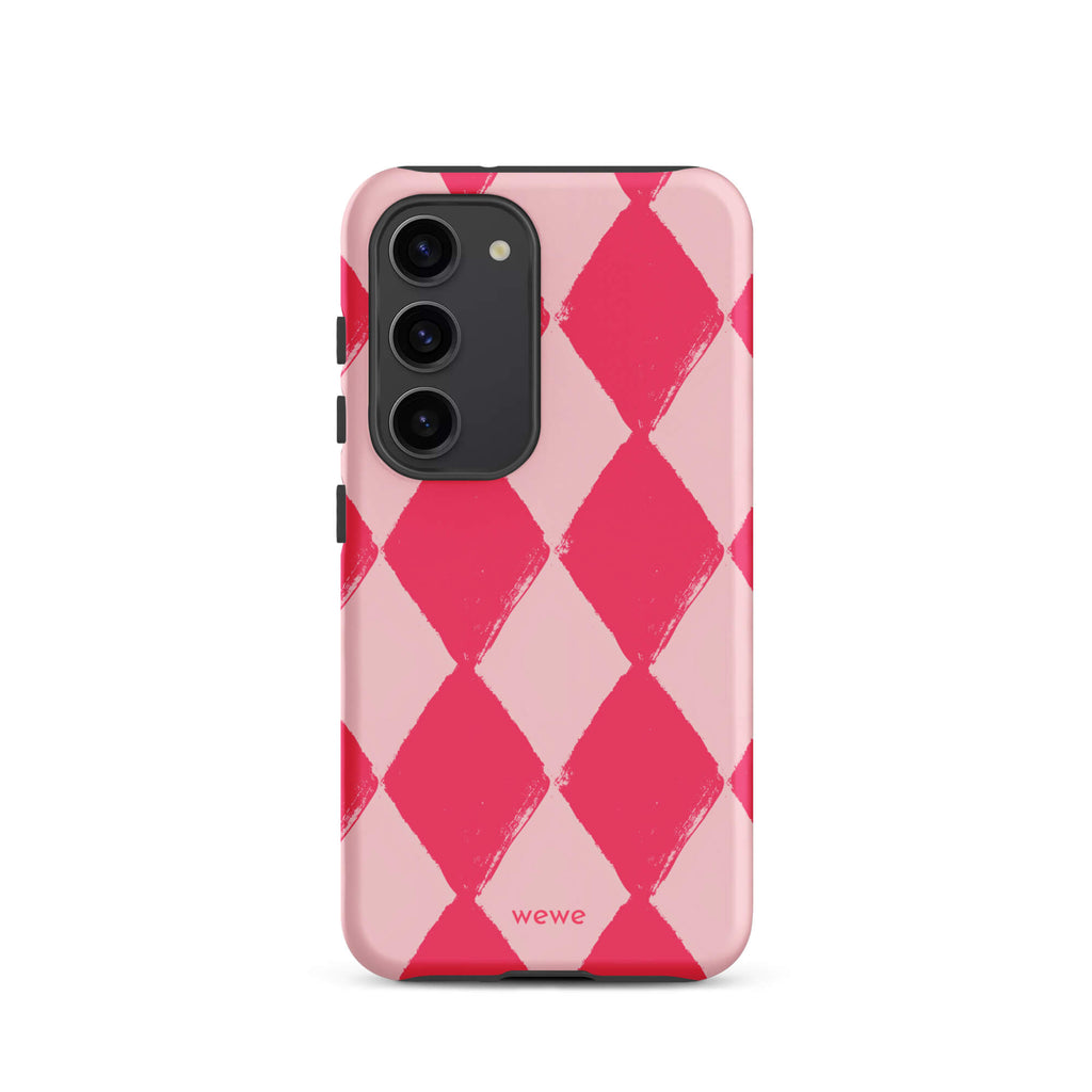 Custom samsung galaxy s23 Phone case with a hand-painted checkered pattern of pink and dark pink diamonds.