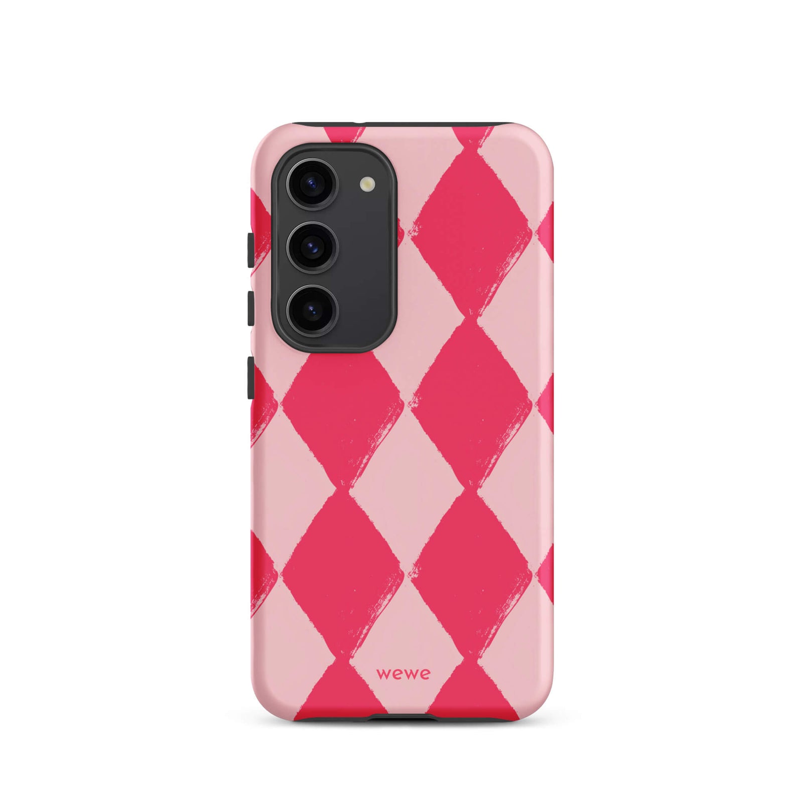 Custom samsung galaxy s23 Phone case with a hand-painted checkered pattern of pink and dark pink diamonds.