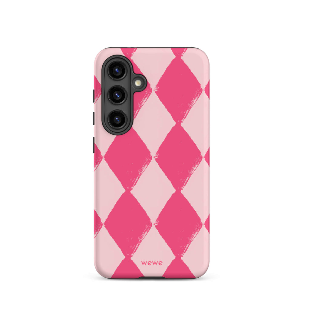 Custom samsung galaxy s24 Phone case with a hand-painted checkered pattern of pink and dark pink diamonds.