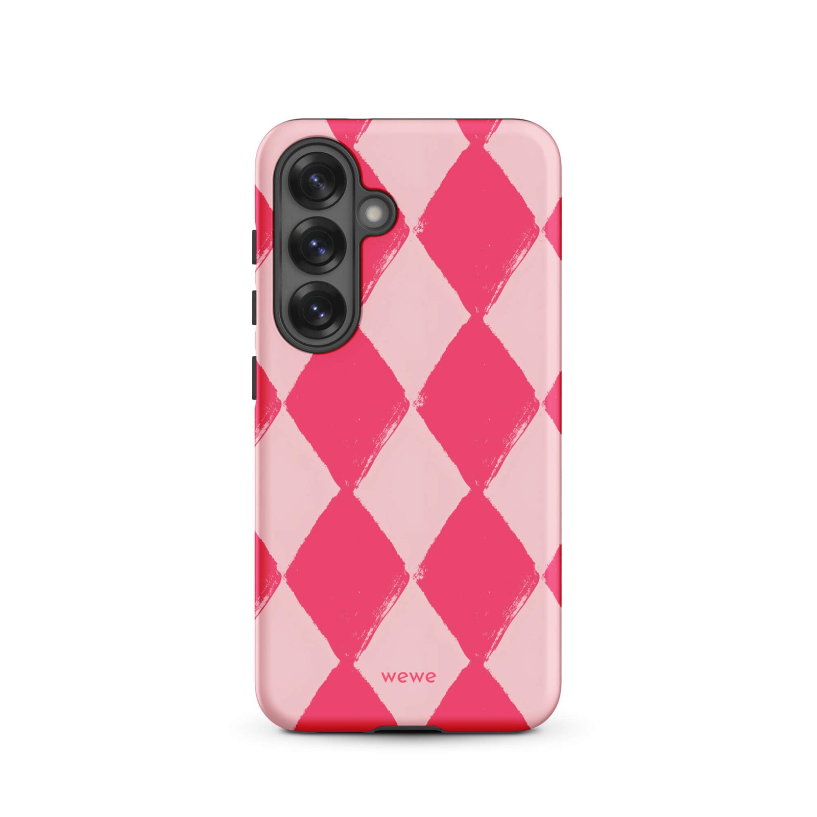 Custom samsung galaxy s25 Phone case with a hand-painted checkered pattern of pink and dark pink diamonds.