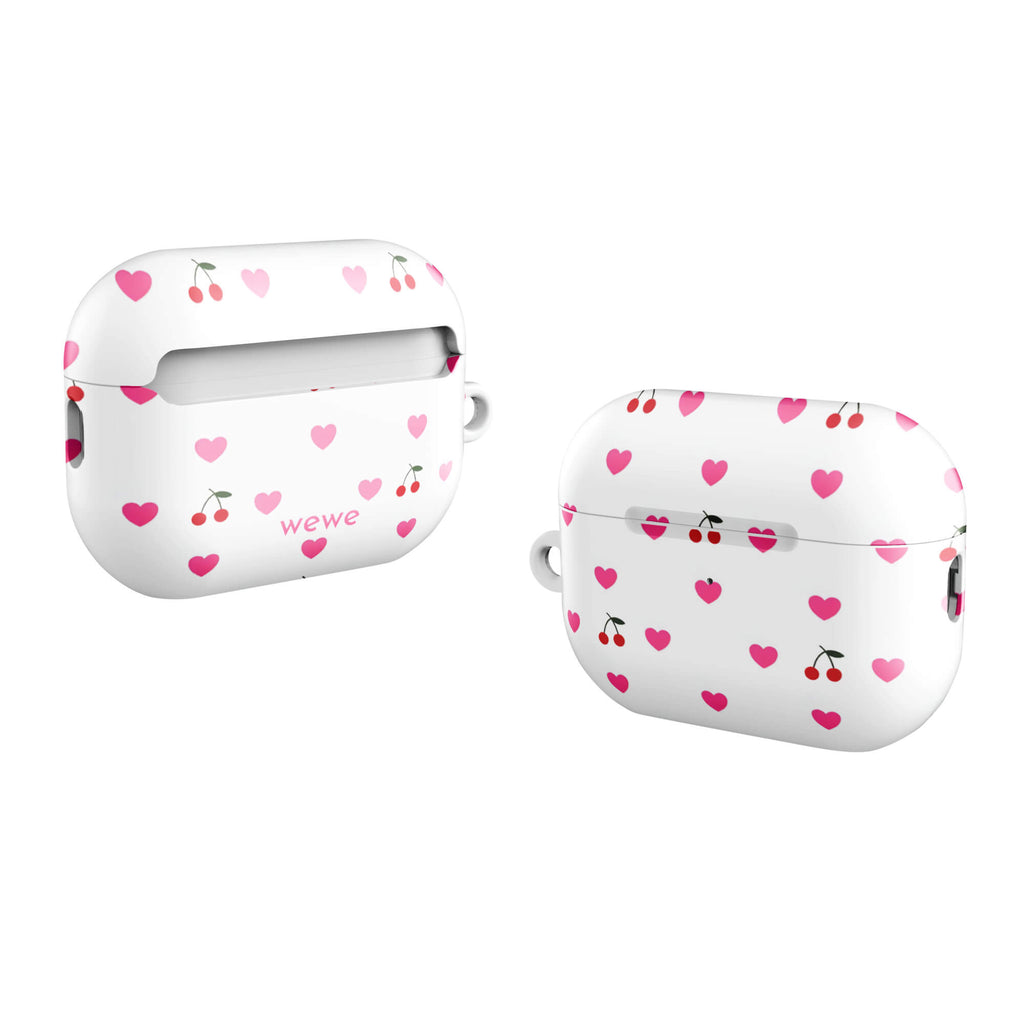 Custom AirPods case pro gen2 with a seamless texture pattern of small pink hearts and red cherries on a white background.