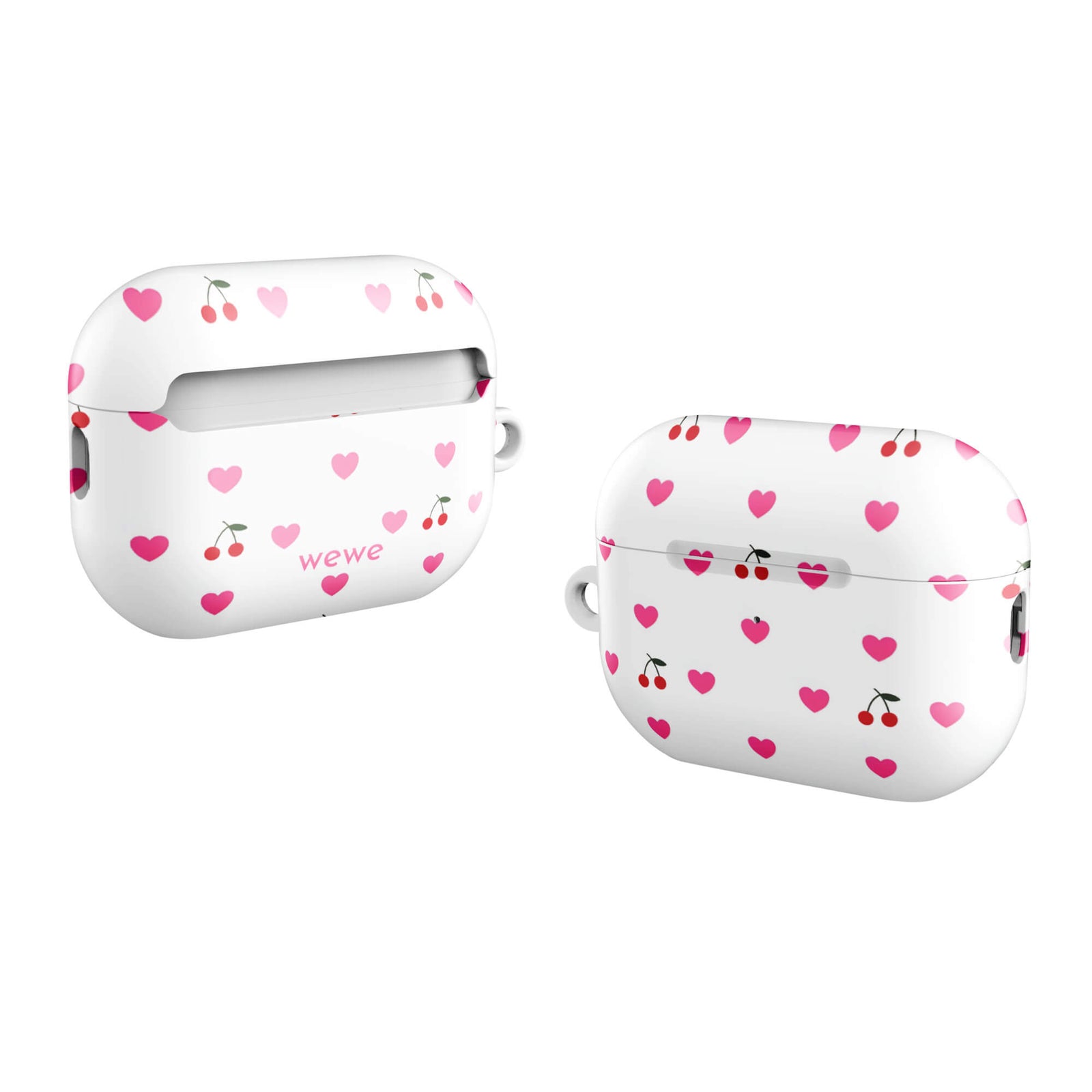 Custom AirPods case pro gen2 with a seamless texture pattern of small pink hearts and red cherries on a white background.