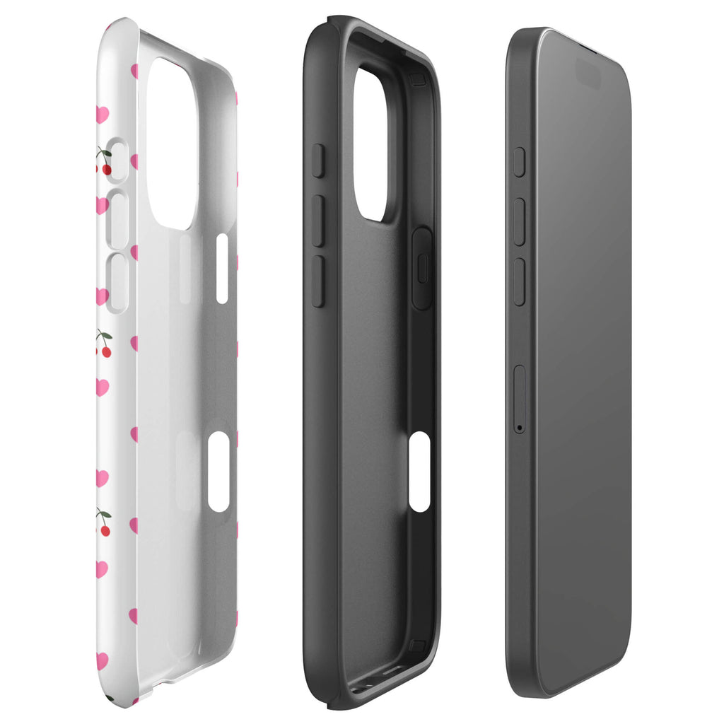 Custom pink heart cherry iphone case 16 pro max dual-layer shockproof protection.