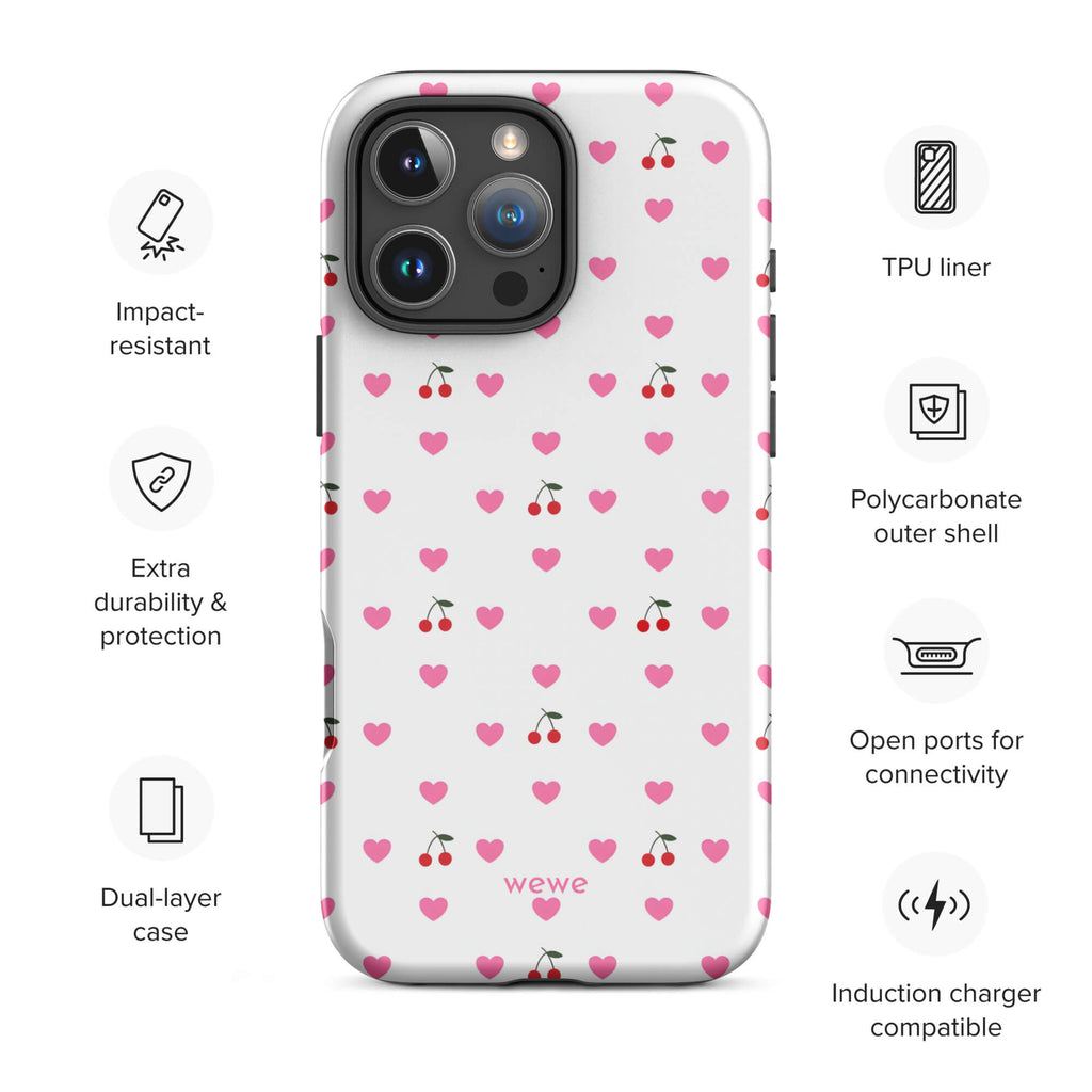 Custom pink heart cherry iphone case 16 pro max wireless charging compatible.