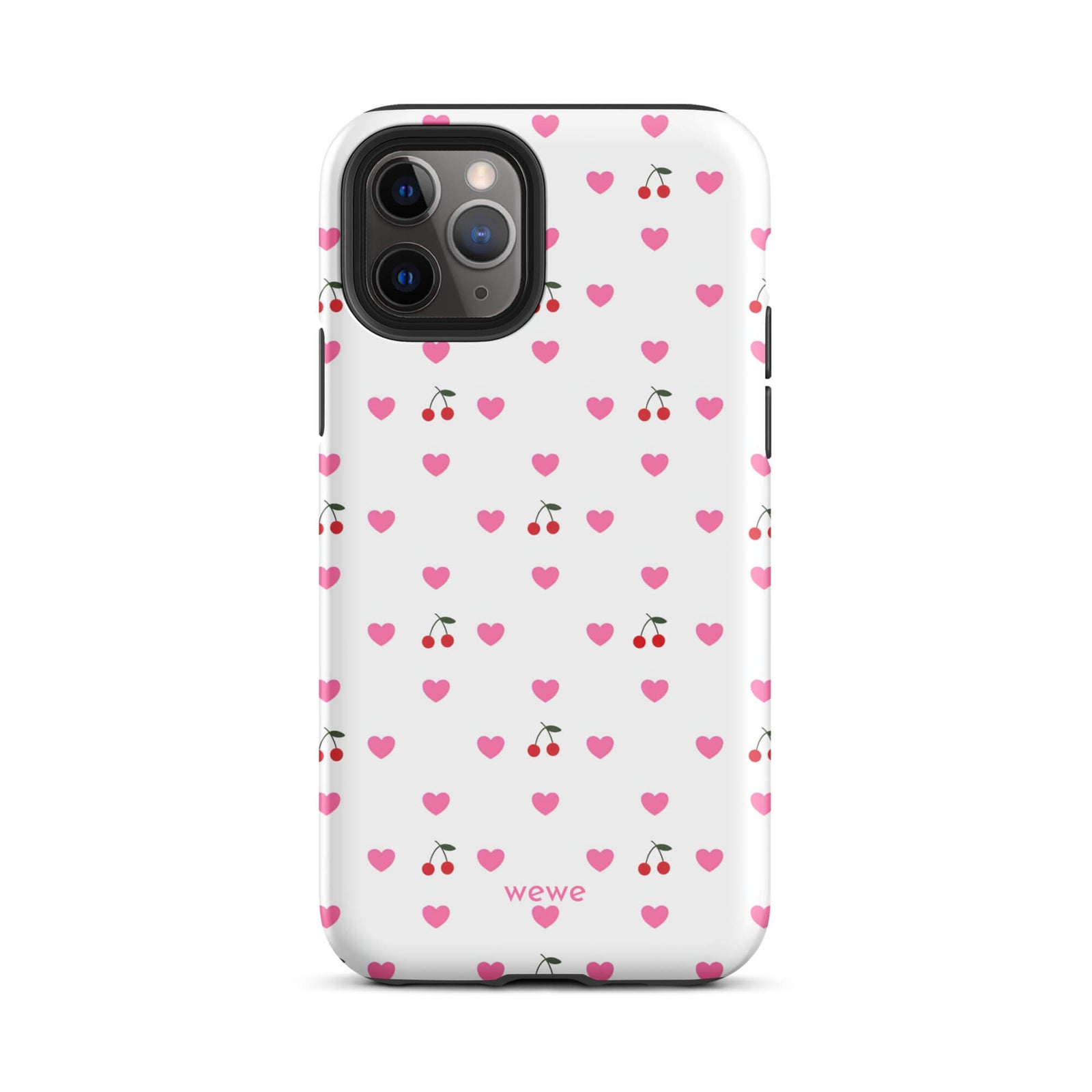 Custom iPhone case 11 pro with a seamless texture pattern of small pink hearts and red cherries on a white background.