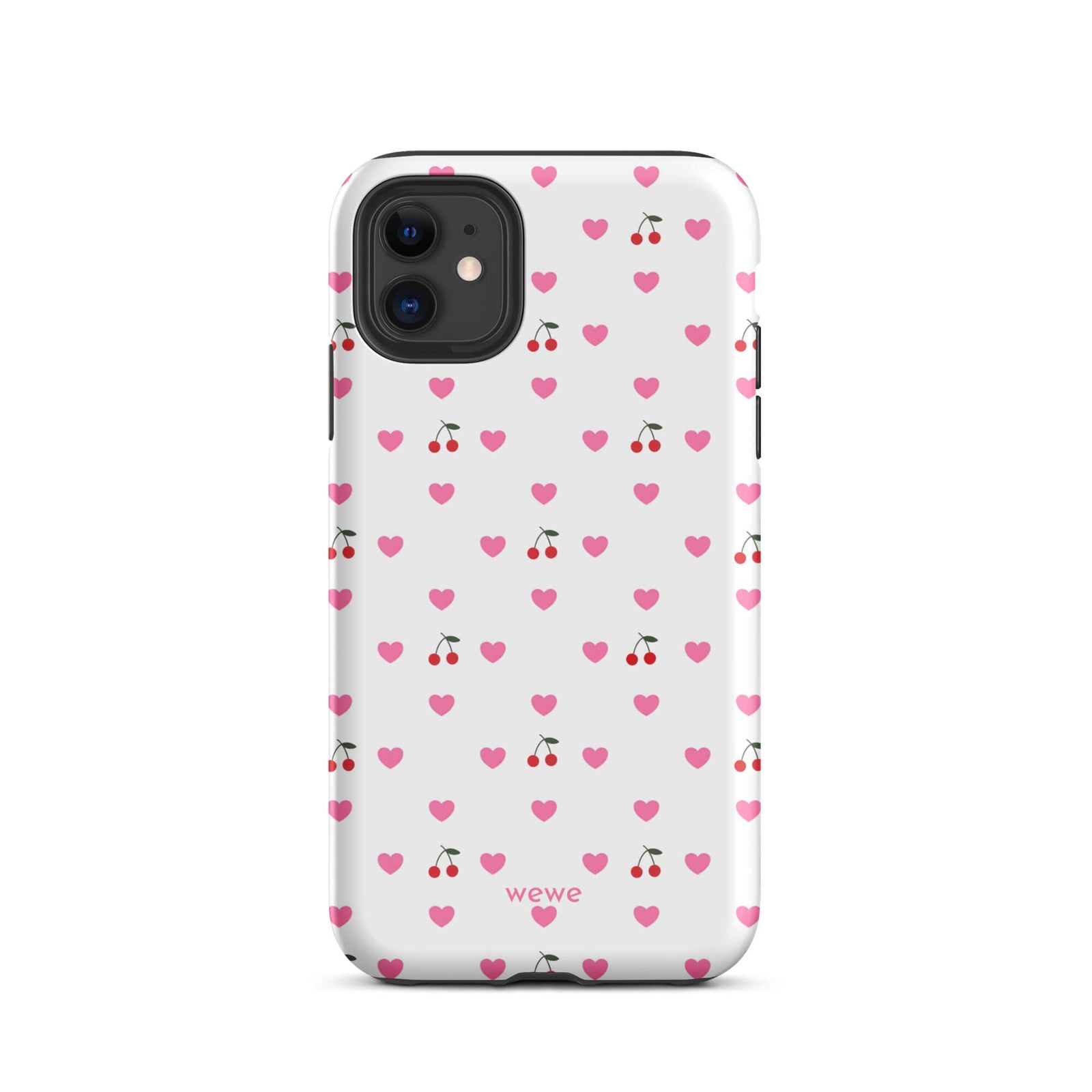 Custom iPhone case 11 with a seamless texture pattern of small pink hearts and red cherries on a white background.