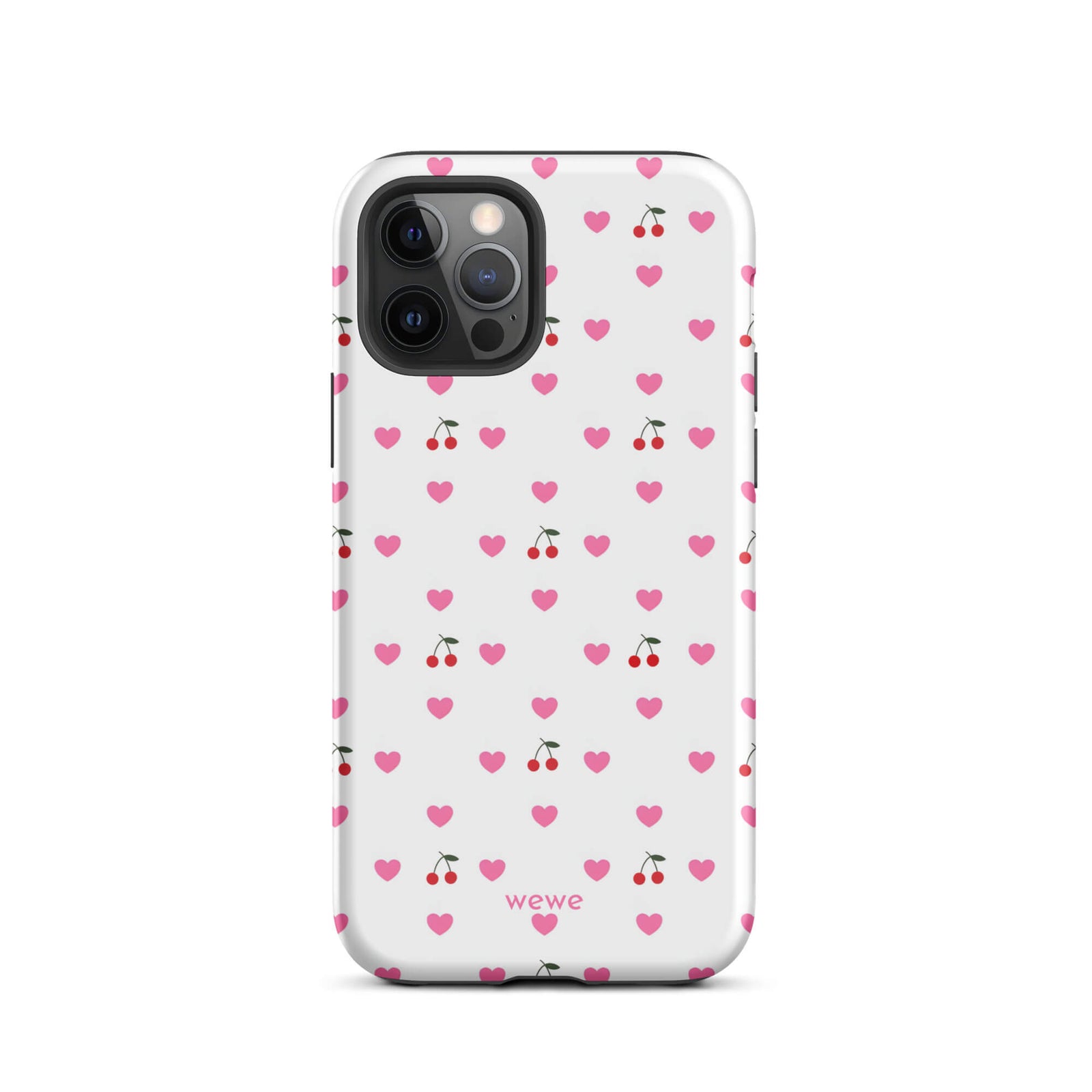 Custom iPhone case 12 pro with a seamless texture pattern of small pink hearts and red cherries on a white background.