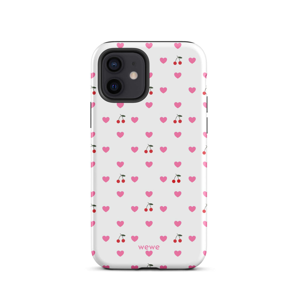 Custom iPhone case 12 with a seamless texture pattern of small pink hearts and red cherries on a white background.