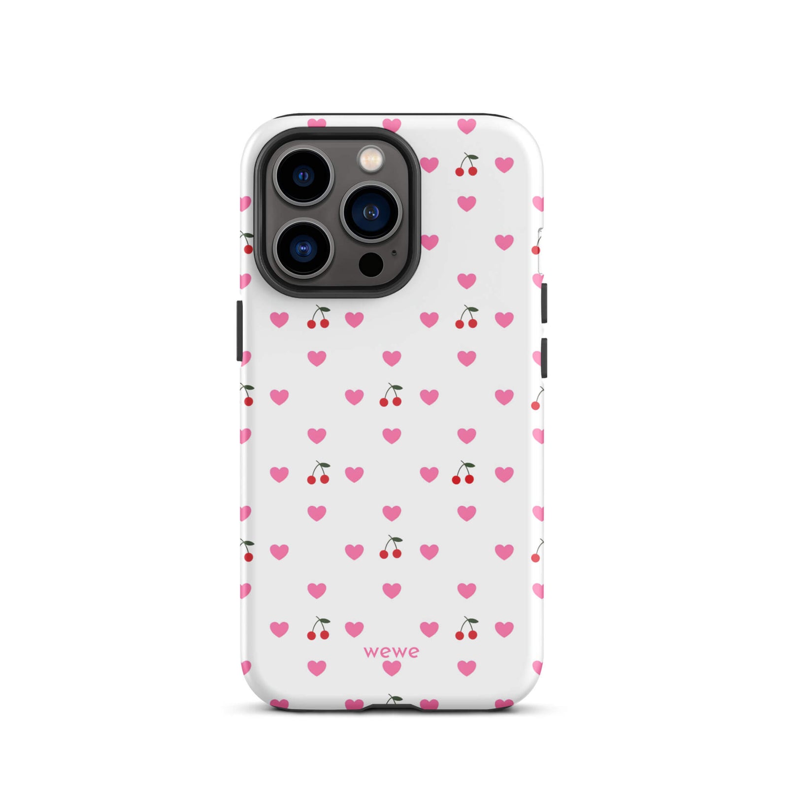 Custom iPhone case 13 pro with a seamless texture pattern of small pink hearts and red cherries on a white background.
