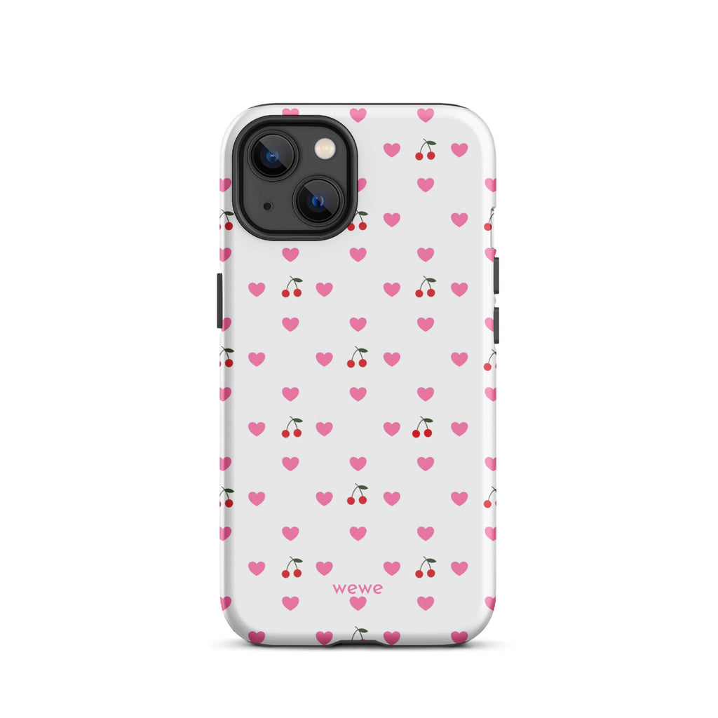 Custom iPhone case 13 with a seamless texture pattern of small pink hearts and red cherries on a white background.